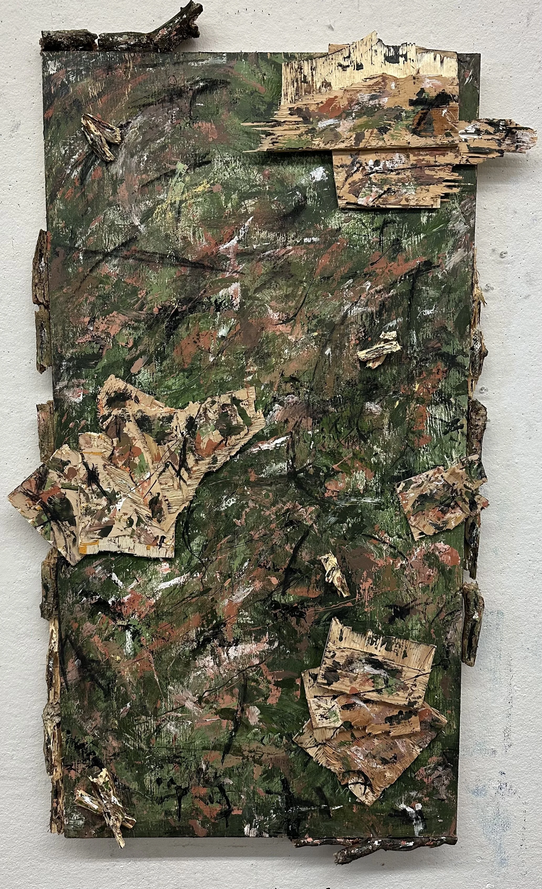 "The Beautiful Color Green" 2024; 
25 1/4 in x 46 in 3/8; 
House paint, acrylic, charcoal, ink, wood slabs, and branches on framed wood panel 