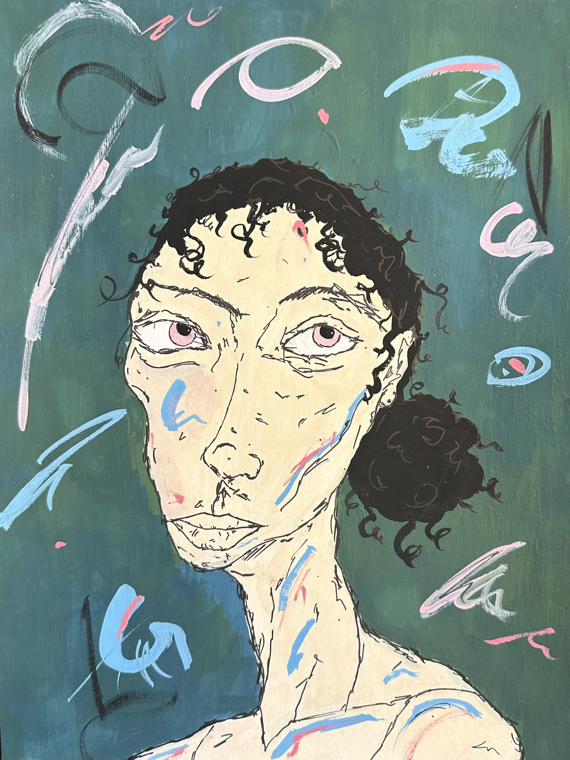 "What Are Her Thoughts?" 2022 
8 x 11; 
Watercolor, sharpie, and acrylic on watercolor paper