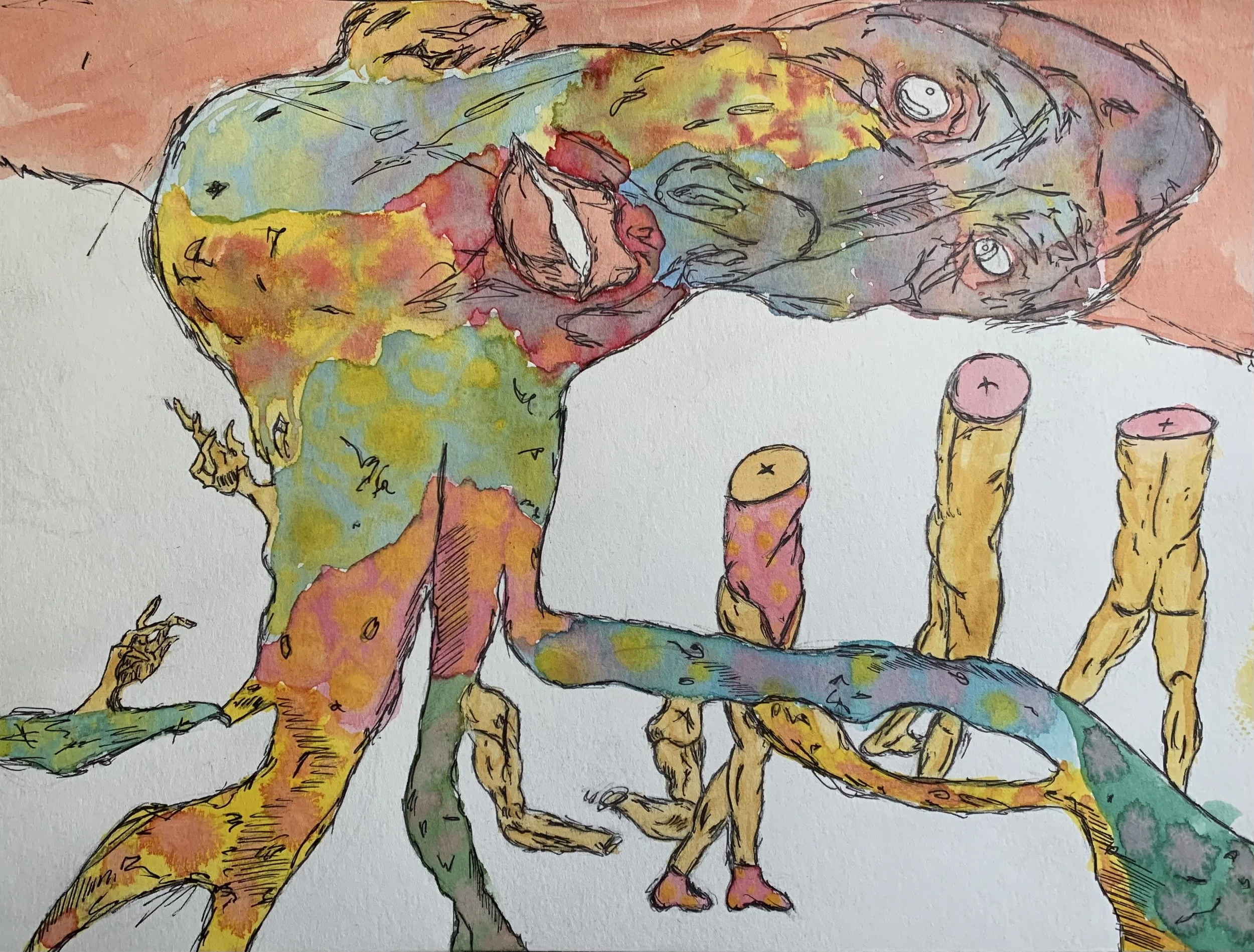 "Wandering Bodies" 2021; 
8 x 11; 
Watercolor and ink pen on watercolor paper