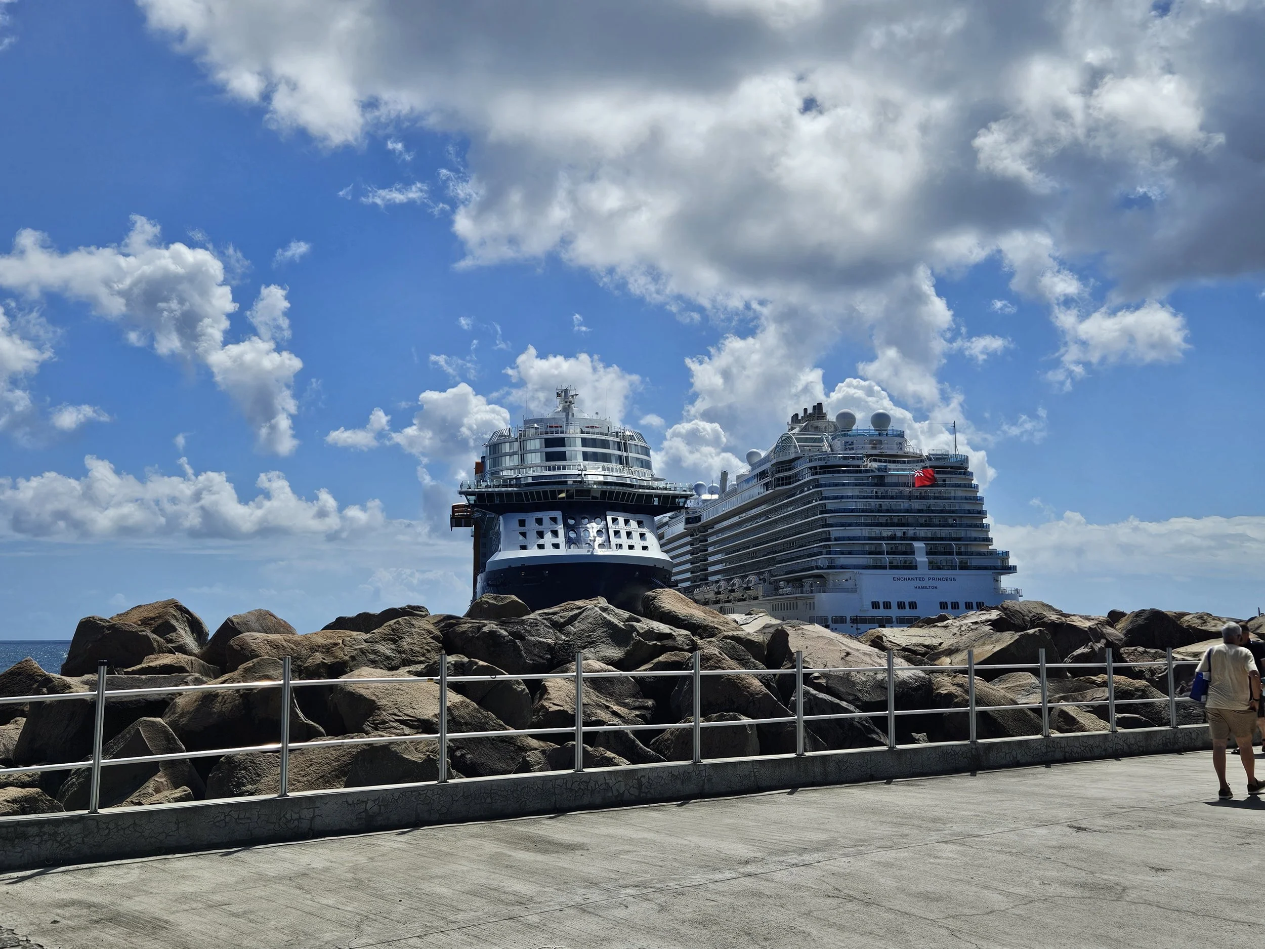 Two cruise ships docked in the Caribbean