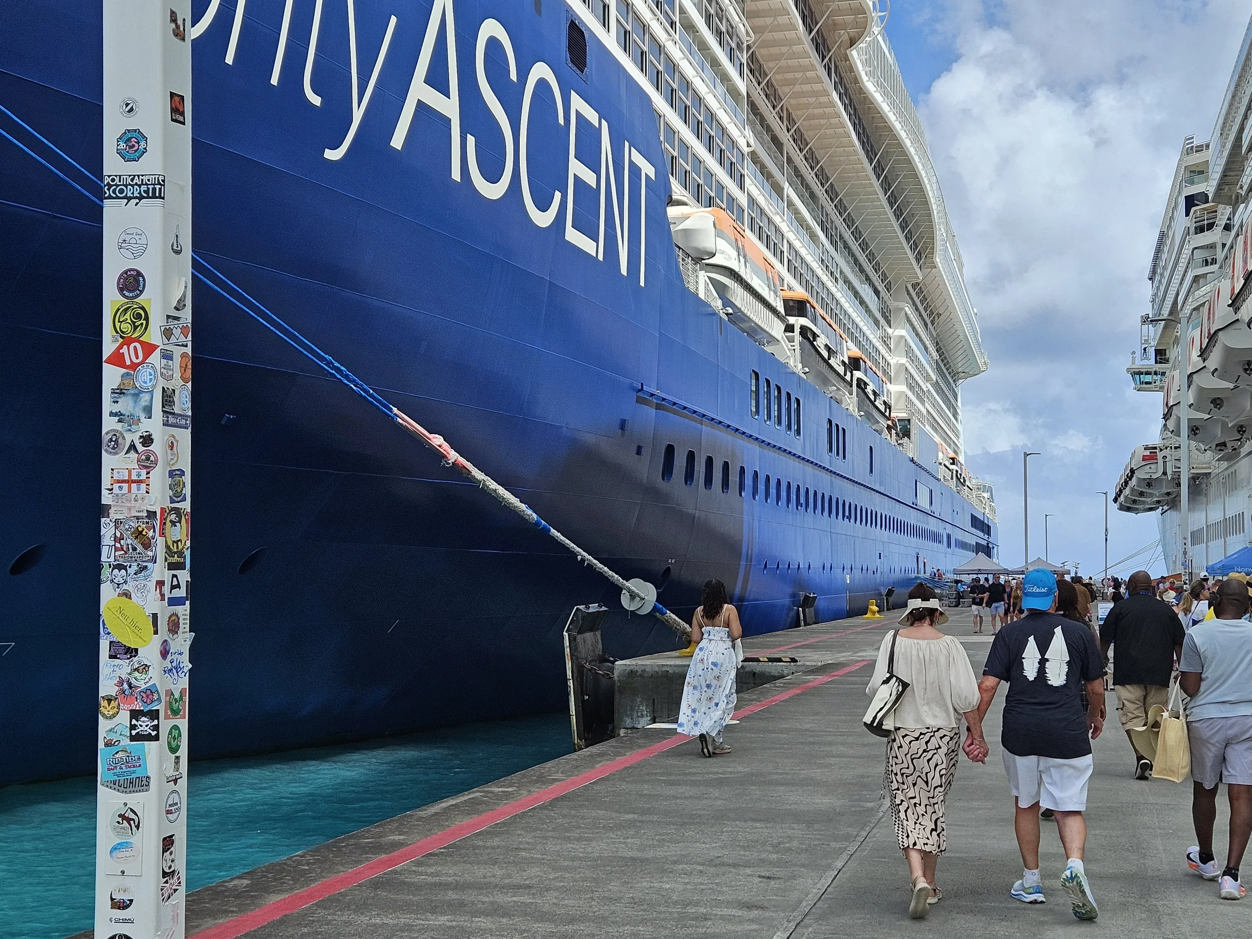 People walking along the dockside of a large cruise ship with a blue and white hull. The ship has many balconies and windows. The sky is partly cloudy.