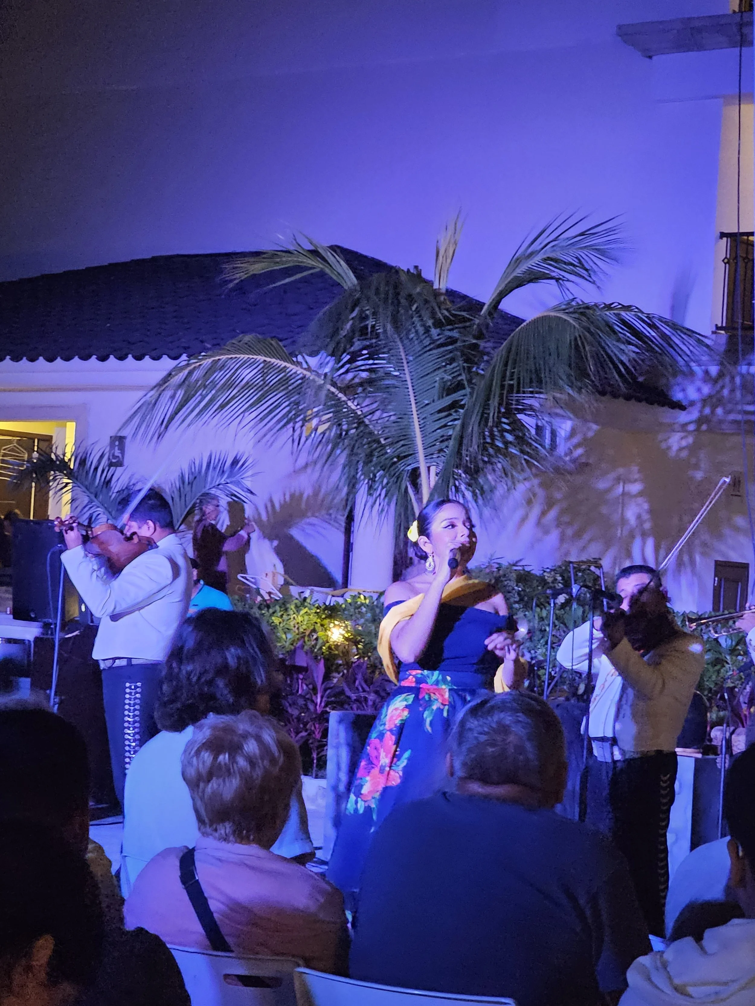 A group of people at a party or gathering outdoors at night, illuminated with blue lighting, with some dancing and others watching a woman singing into a microphone, surrounded by tropical plants and a building with a balcony in the background.