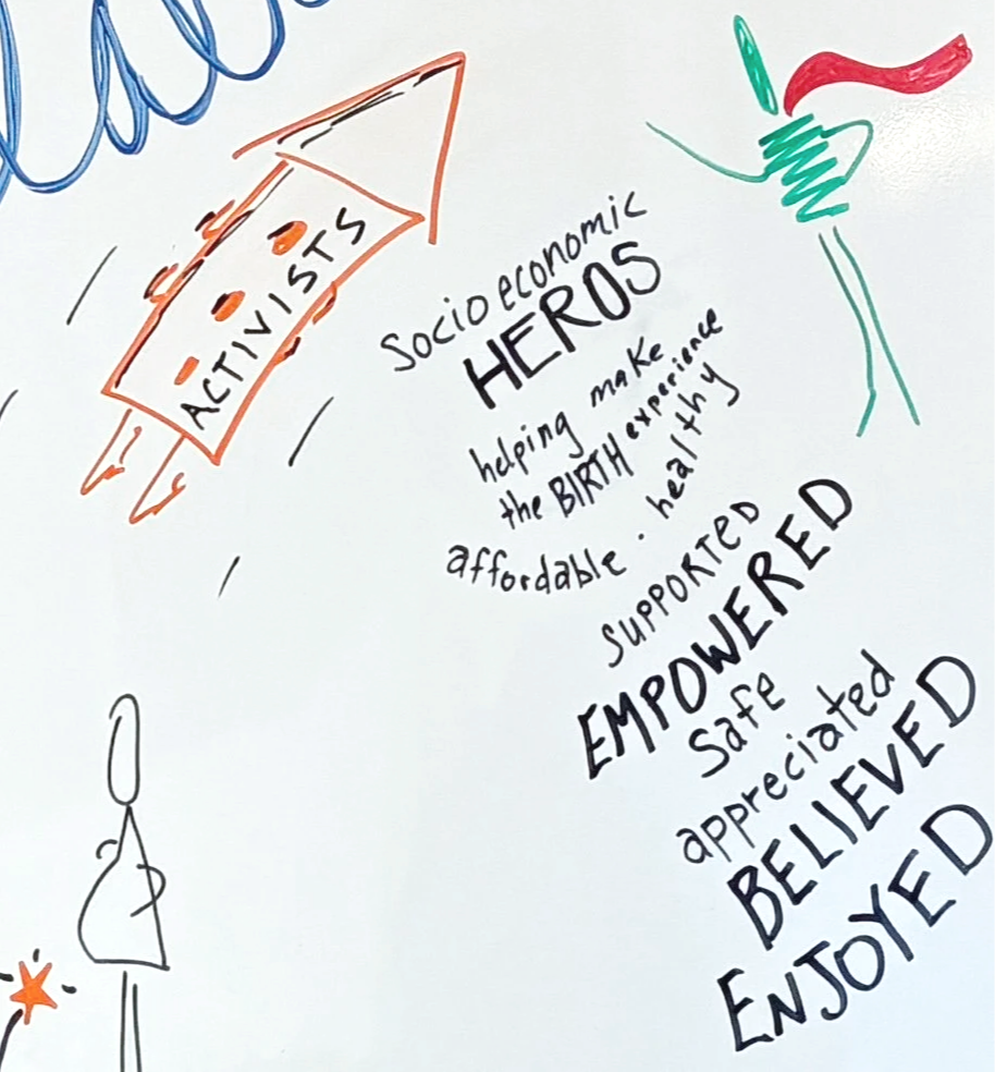 Visual notetaking image of Pioneer Valley Doula Collaborative interview, describing doulas as socioeconomic heroes, helping make the birth experience affordable, healthy, and supported