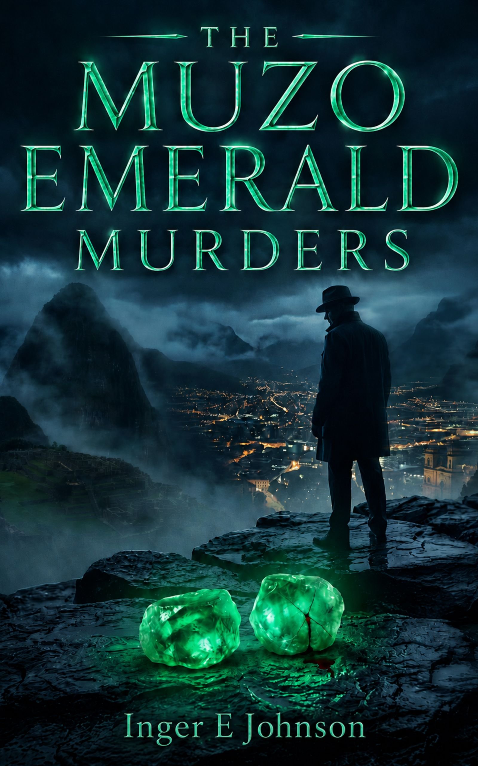 Book cover for 'The Muzo Emerald Murders' by Inger E. Johnson featuring a silhouette of a person in a hat standing on a rocky shoreline with ice-like glowing stones and a stormy sky background.