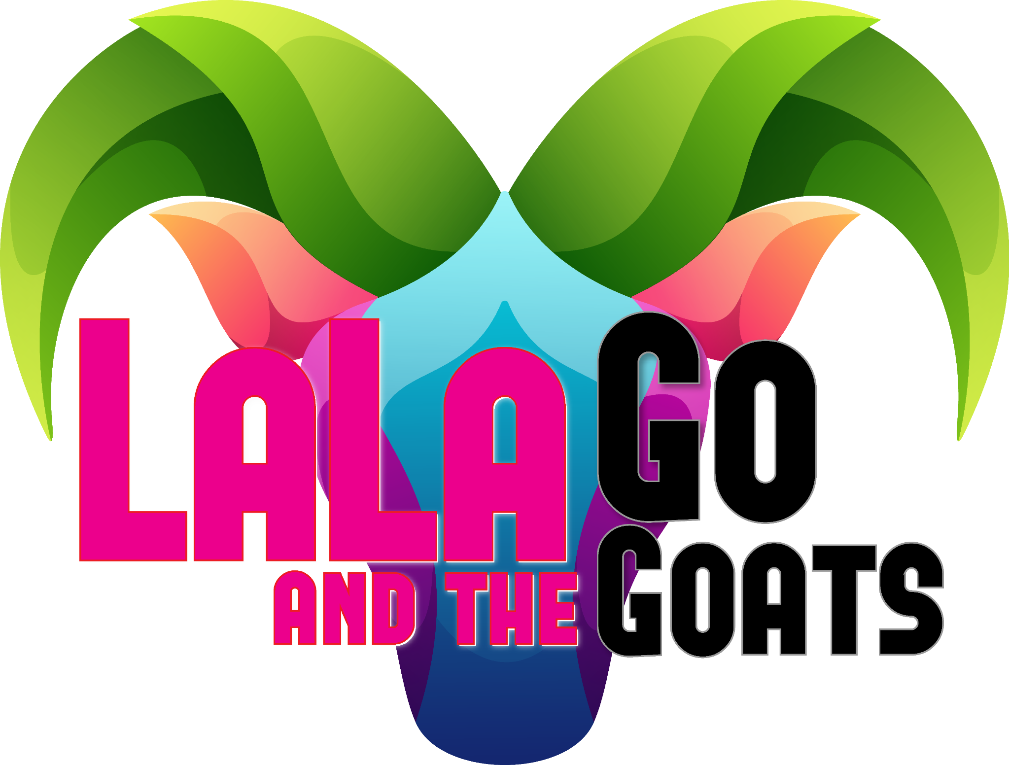 LaLa and the Go Goats colorful wordmark with green leaf shapes and bright pink, blue, and purple lettering.