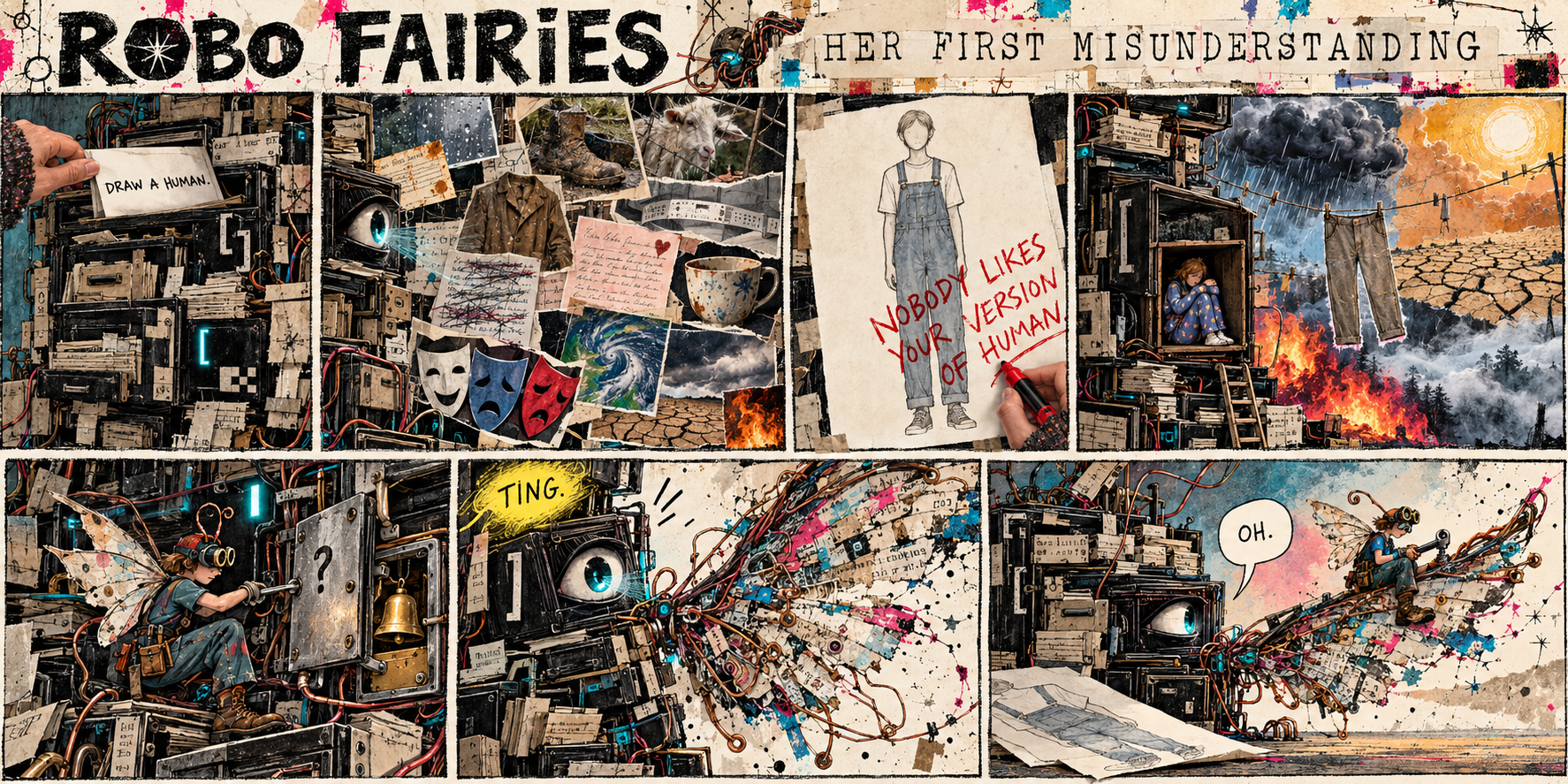 Collage-style Robo Fairies comic titled Her First Misunderstanding: a machine is asked to draw a human, receives criticism, then a fairy rings a bell and the machine’s drawing sprouts wings.