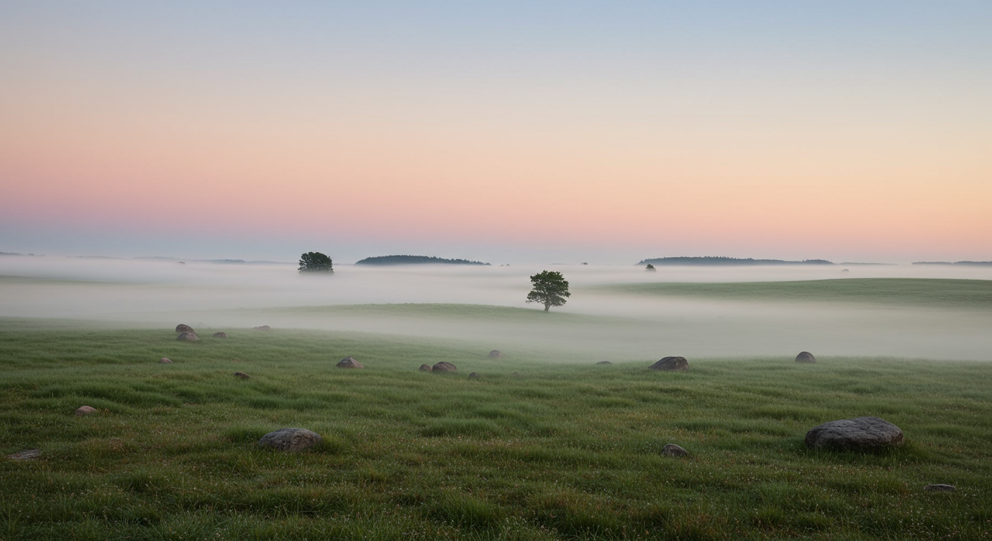 A peaceful landscape of open green fields with scattered rocks, a few trees, and a misty horizon during sunrise or sunset with a pastel-colored sky.