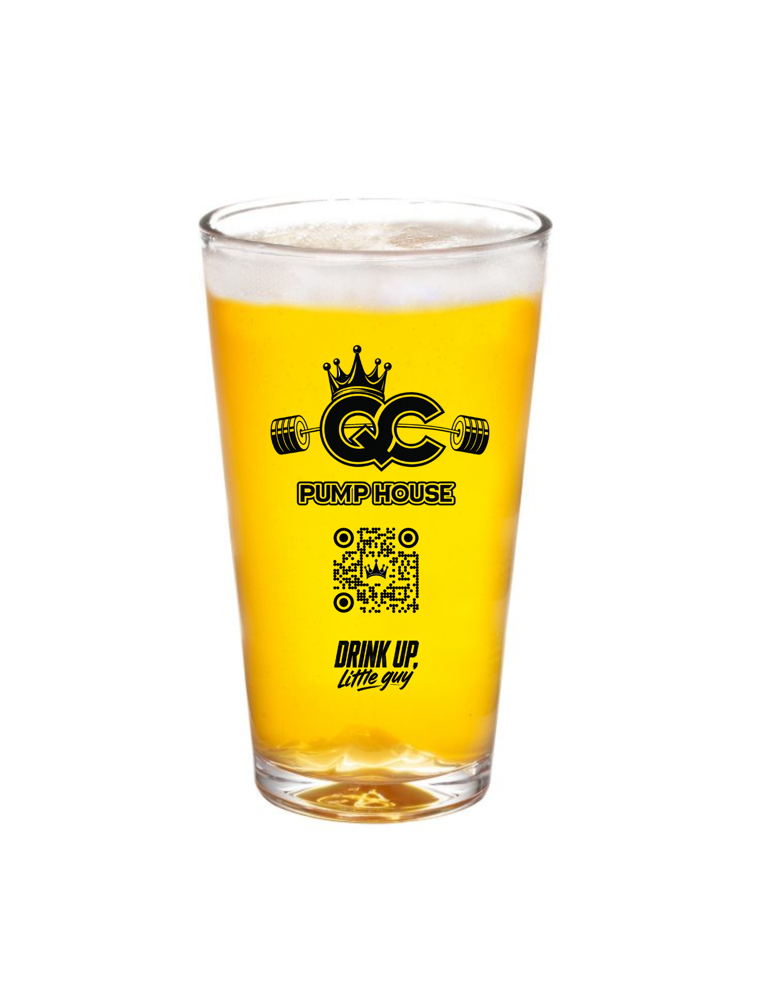 A clear glass filled with yellow beer featuring a black logo with a crown, a barbell, and the text 'PUMP HOUSE'. The glass has a white foam head on top and a QR code below the logo. The background is plain white.