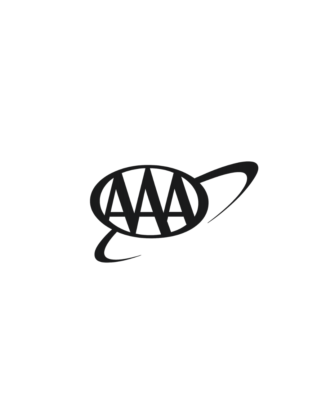 A black line drawing of a stylized planet with rings and the letters "AAA" inside the planet.