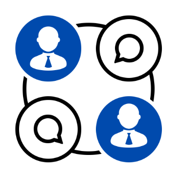Diagram showing two user icons and two speech bubble icons connected by lines, representing communication or interaction.
