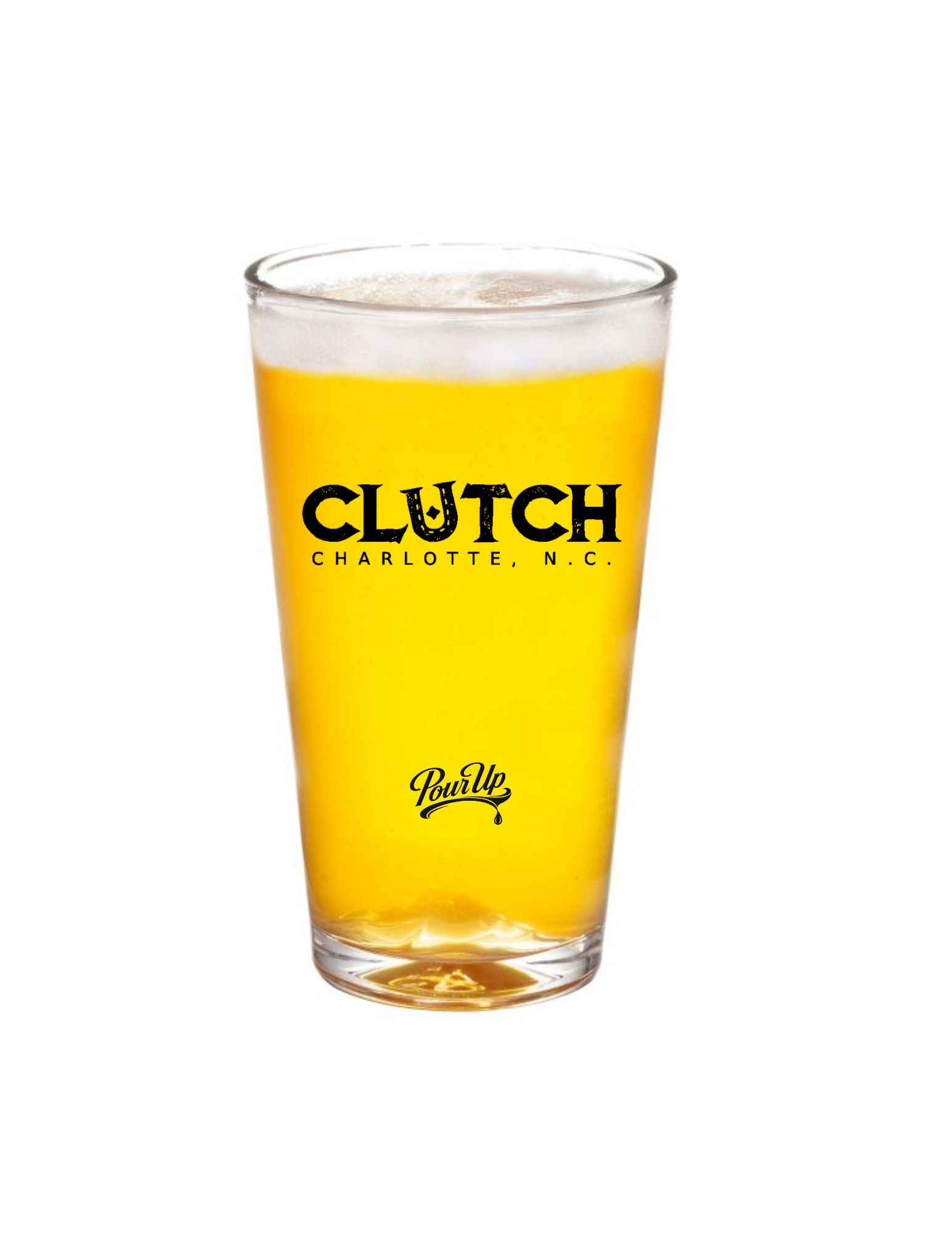 A clear glass of yellow beer with foam at the top, with the brand name Clutch Charlotte, N.C. printed on the front and a Pour Up logo near the bottom.