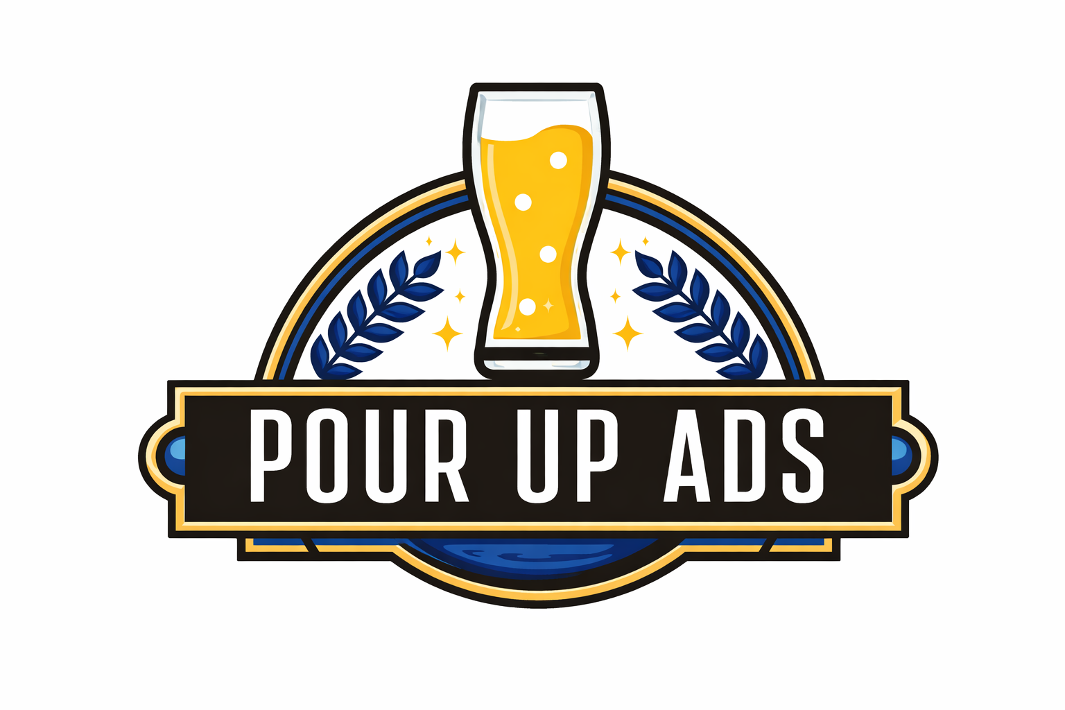 A logo with a beer glass, blue laurel leaves, and the text 'Pour Up Ads' in a black and gold-bordered banner.