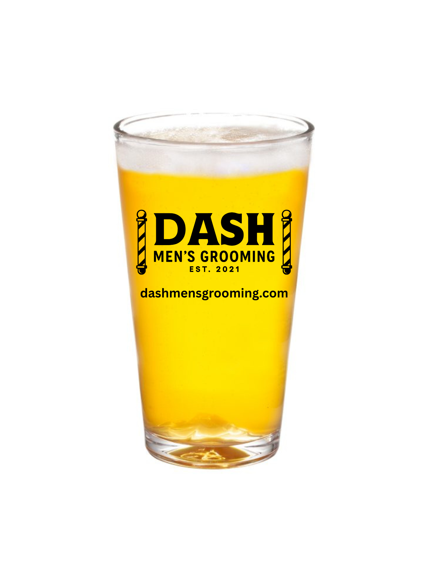 A clear glass of beer with a yellow label that reads 'DASH MEN'S GROOMING EST. 2021' and the website dashmensgrooming.com, placed against a white background.