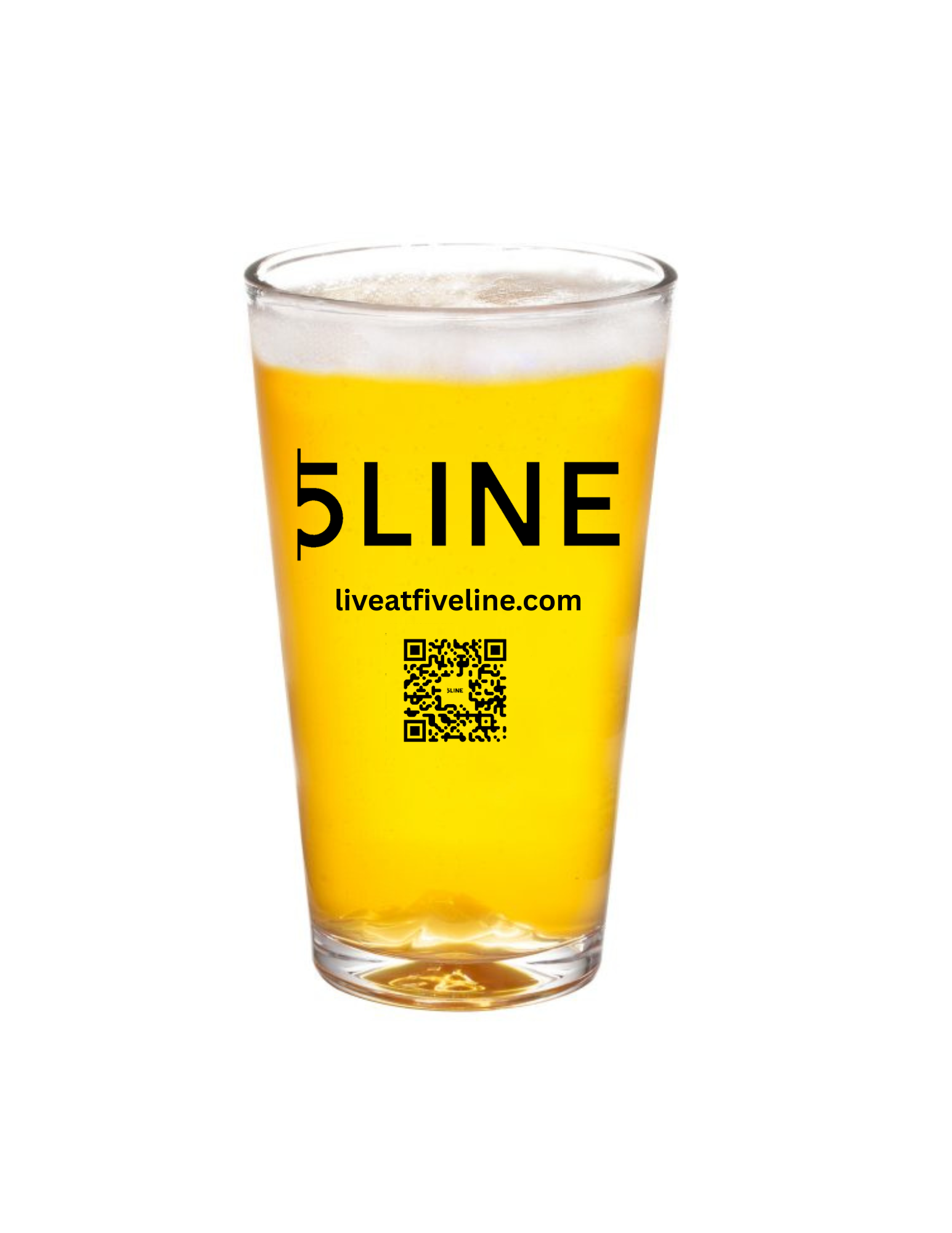 A clear glass filled with a yellow liquid, with a label that reads '5LINE' and includes a website URL liveatfive.com and a QR code.
