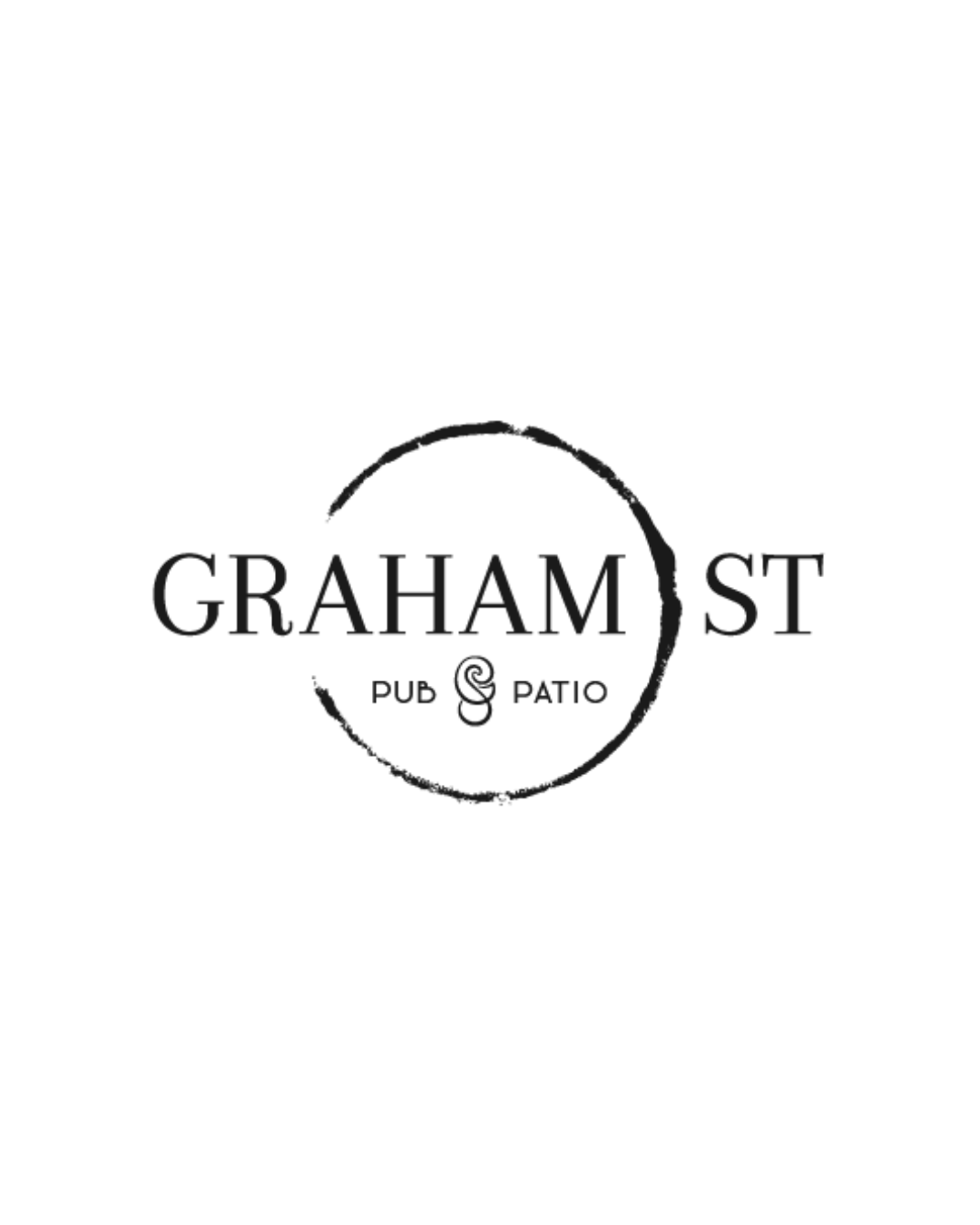 Logo for Graham Street Pub & Patio with a black circular brushstroke and text inside and outside the circle.