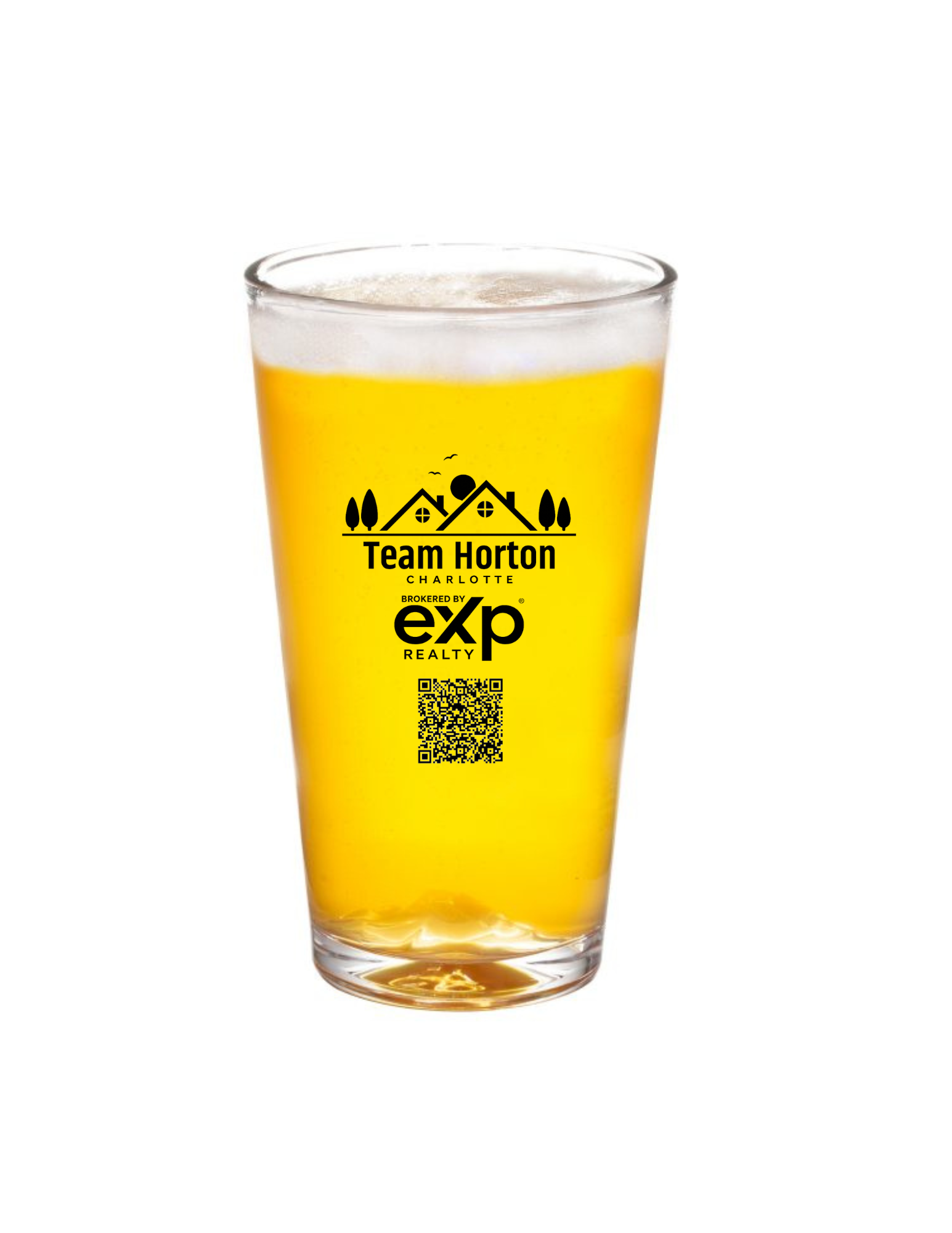 A clear glass of beer with a yellow liquid inside, featuring a black graphic and text promoting a real estate company called Team Horton and Expo Realty, including a QR code at the bottom.