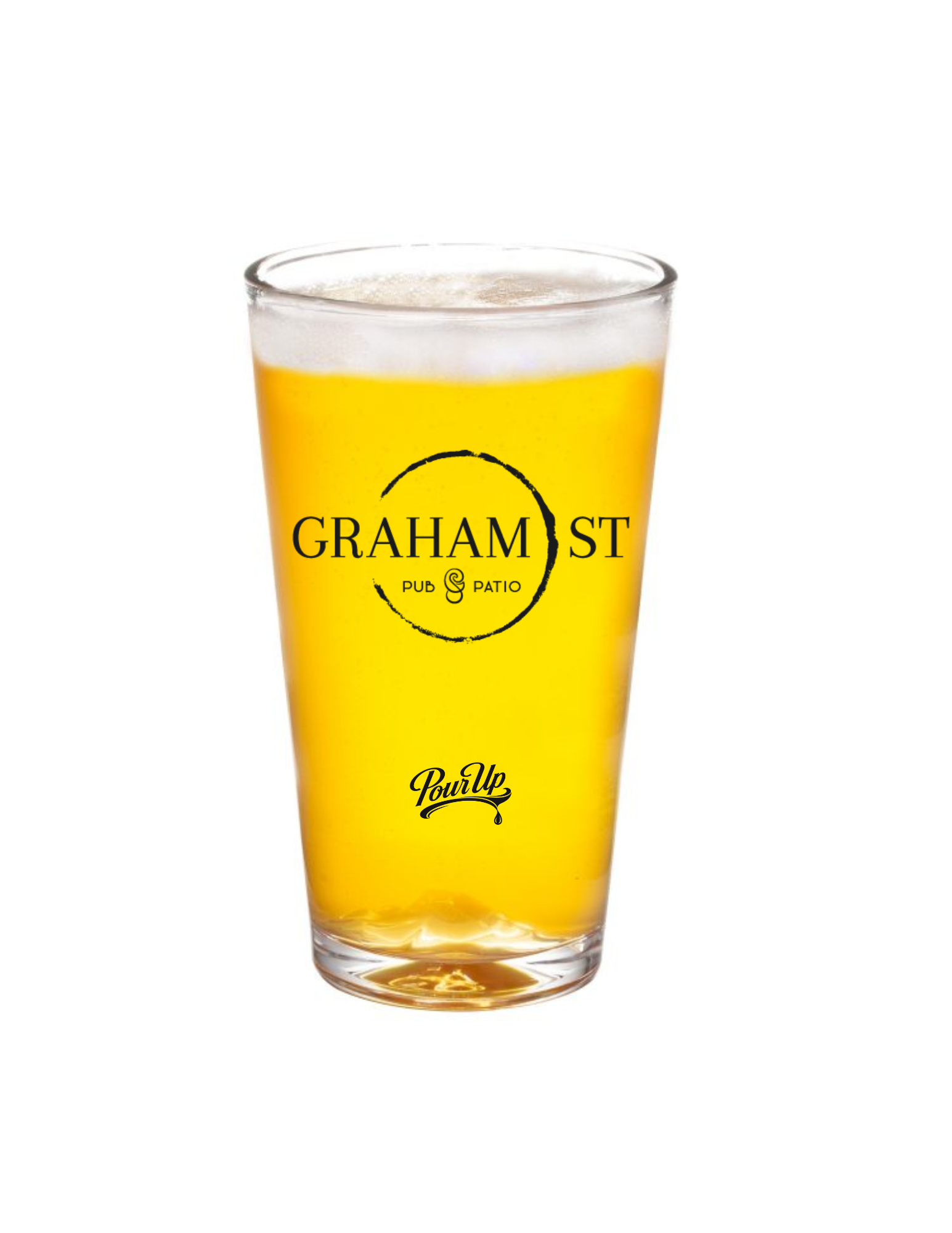 A pint glass filled with a yellow beverage, displaying a logo for Graham St Pub & Patio on the front.