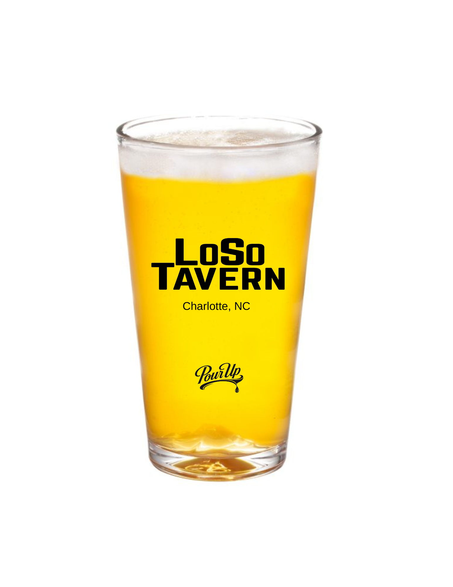 A clear glass of beer with a foamy head and golden color, labeled 'Loso Tavern Charlotte, NC'.