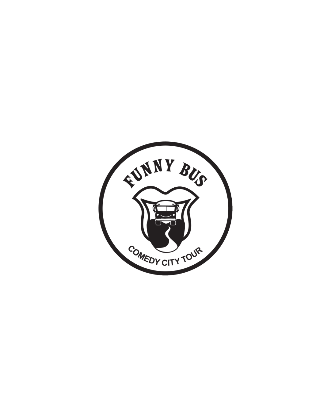 Black and white logo with a bus, a highway, and a shield shape, with text 'Funny Bus' at the top and 'Comedy City Tour' at the bottom.