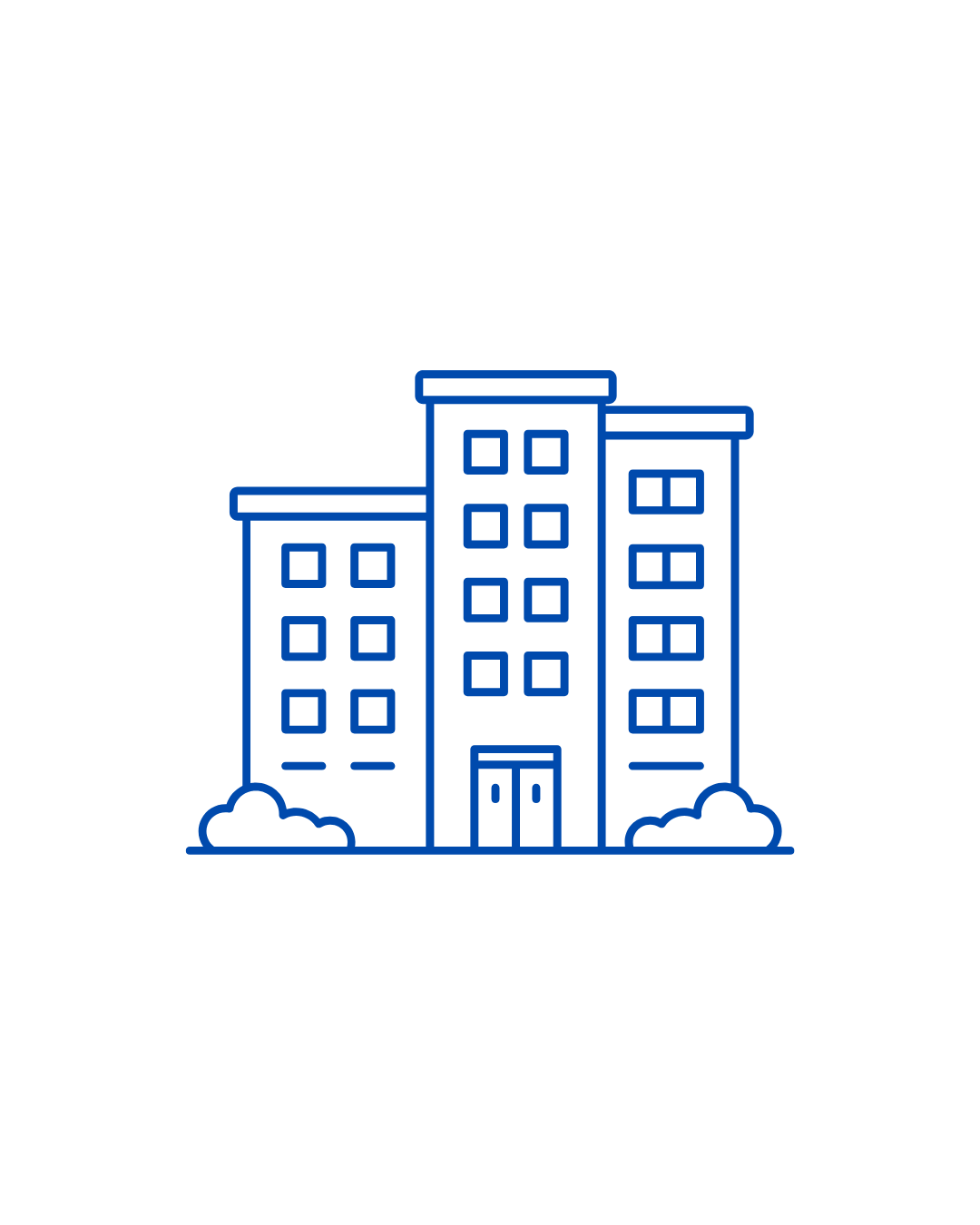 Line drawing of a multi-story apartment building with three sections and multiple windows, surrounded by small bushes.