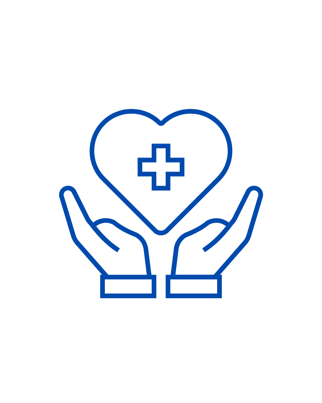 Outline of two hands holding a heart with a medical cross in the center