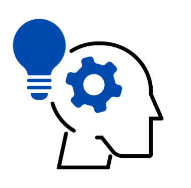 Outline of a human head with a gear inside and a light bulb beside it, symbolizing ideas and thinking.
