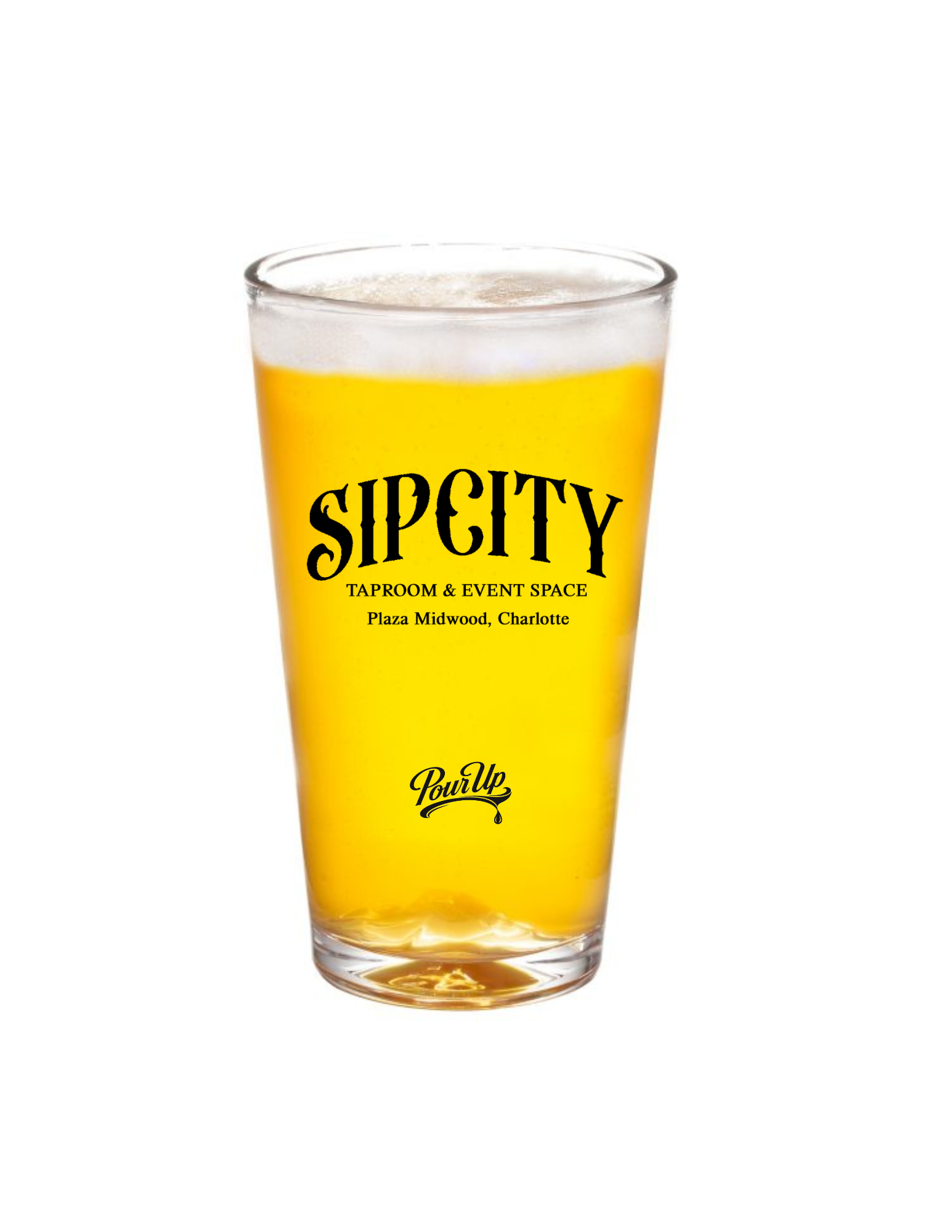 A pint glass filled with yellow beer and a white foam head, with black text on the glass reading 'SIP&TY TAPROOM & EVENT SPACE Plaza Midwood, Charlotte'.