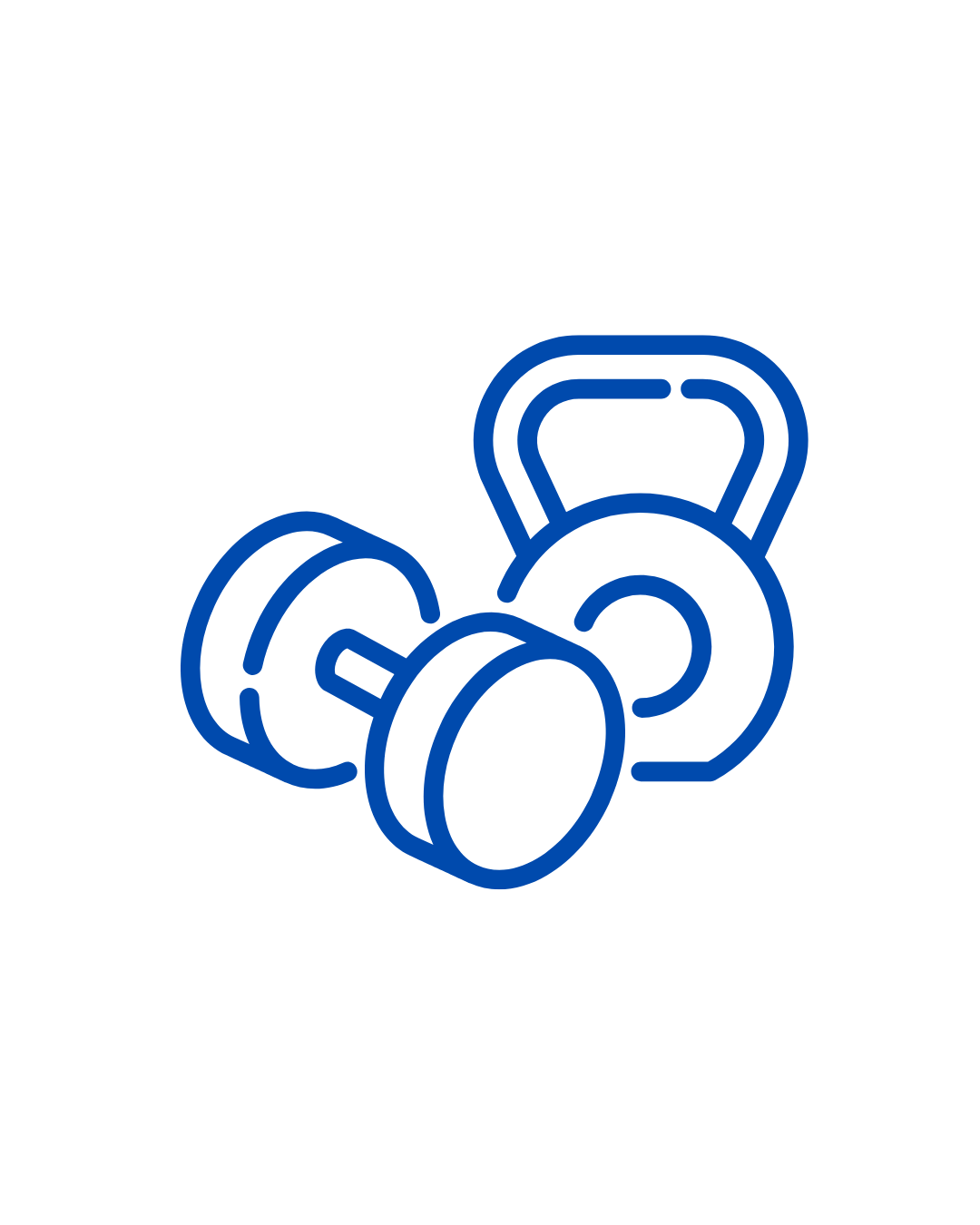 Line art of two dumbbells and a kettlebell.