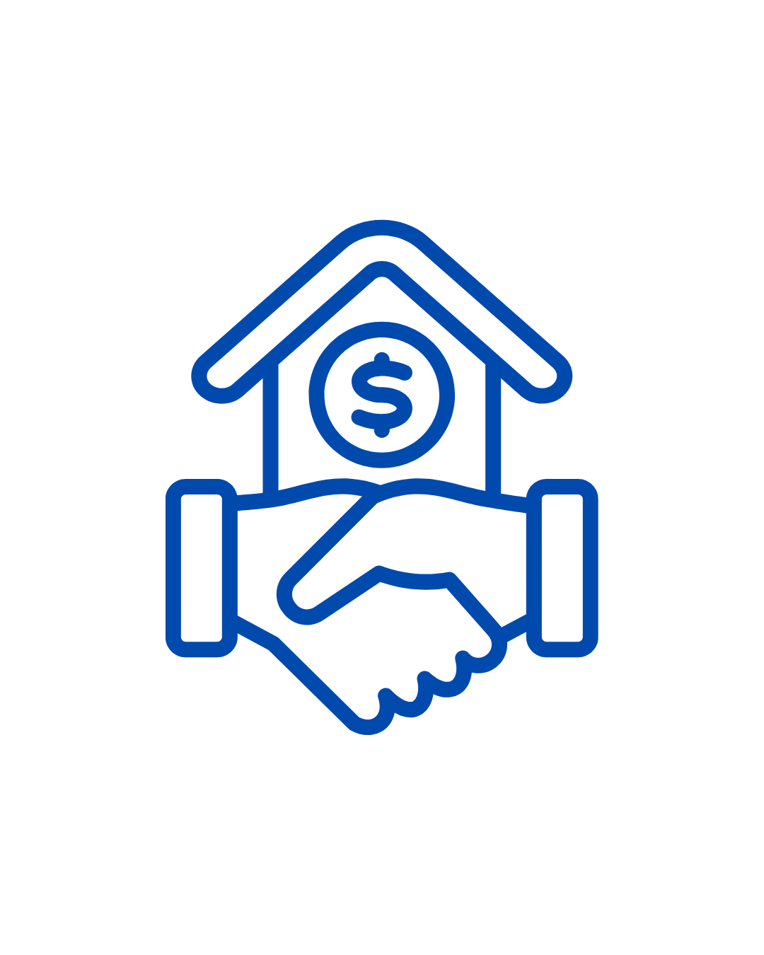 Outline icon of a house with a dollar sign inside, held by two hands in a handshake.