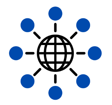 A globe with eight lines connecting to eight blue circles, representing a network or global connectivity.