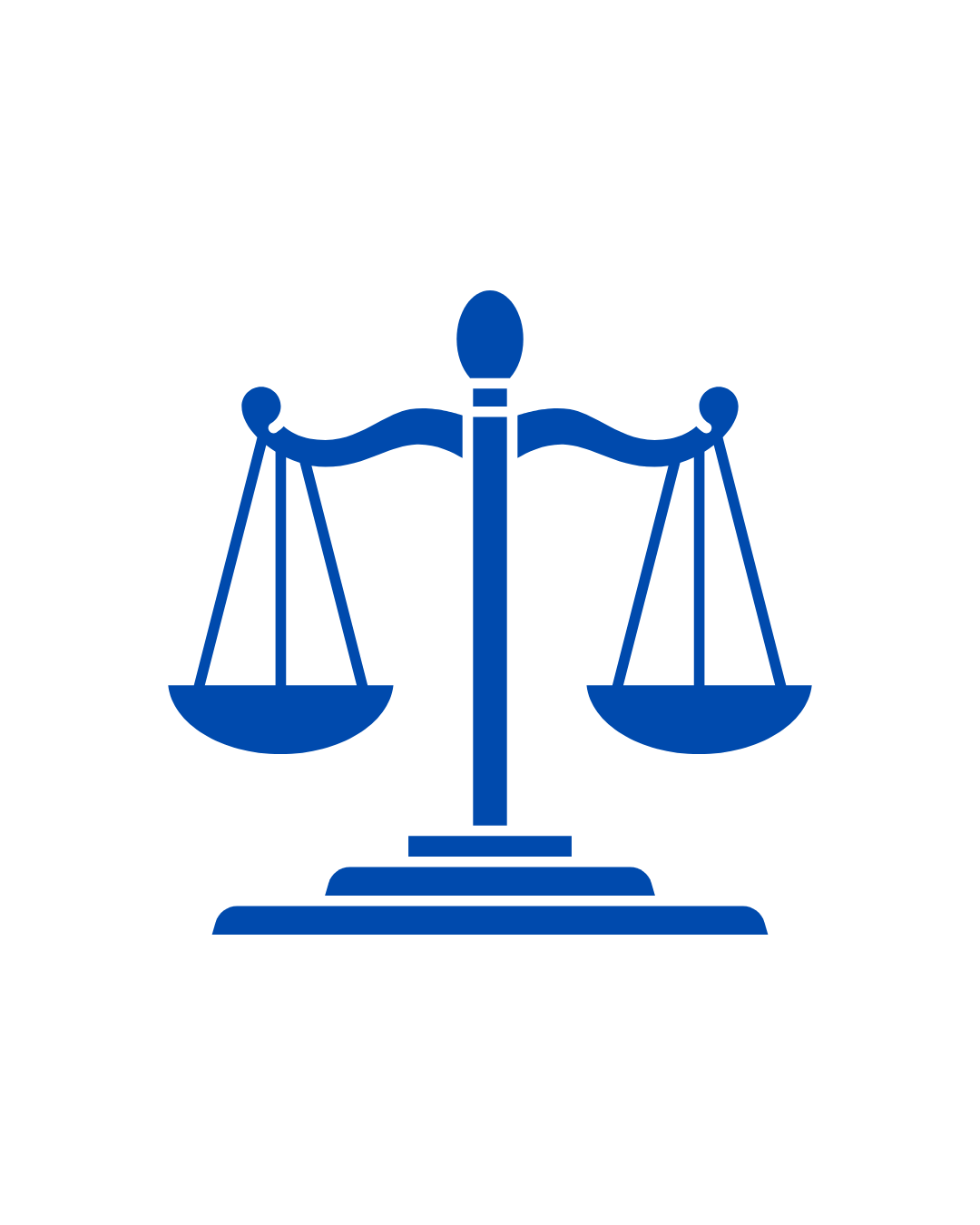 Blue icon of balanced scales, symbolizing justice or law.