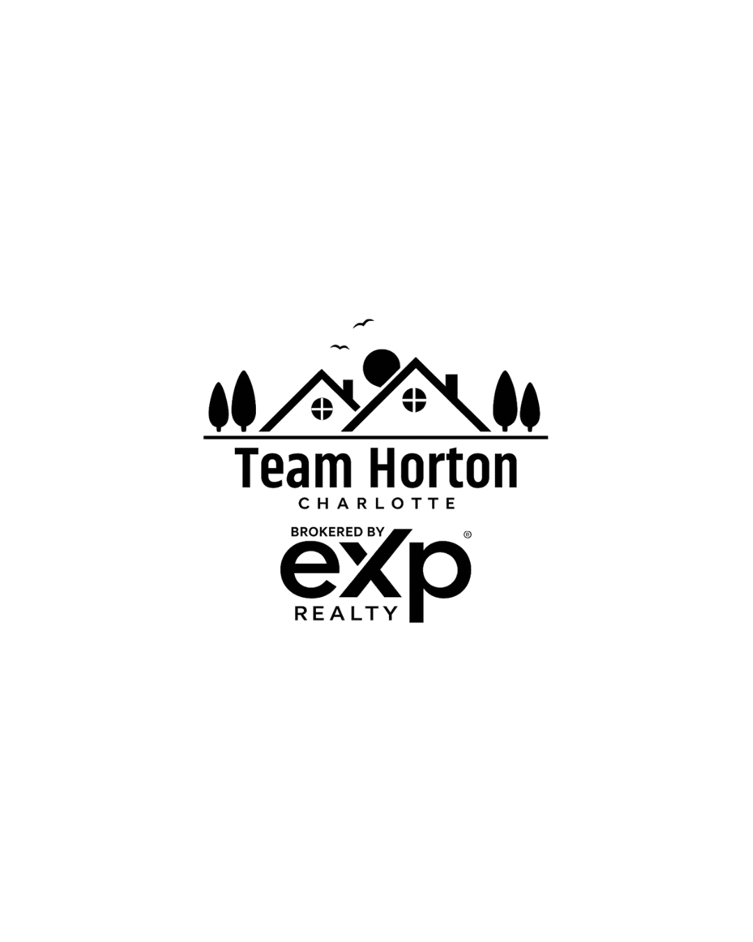 Black and white logo featuring stylized houses, trees, and birds with the text 'Team Horton Charlotte' and 'Brokered by exp Realty'.