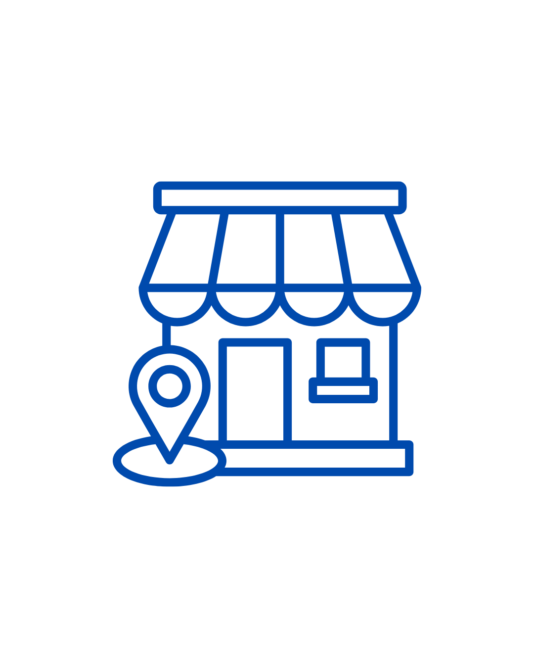 Line drawing of a small shop with an awning, a window, a door, and a location pin in front.
