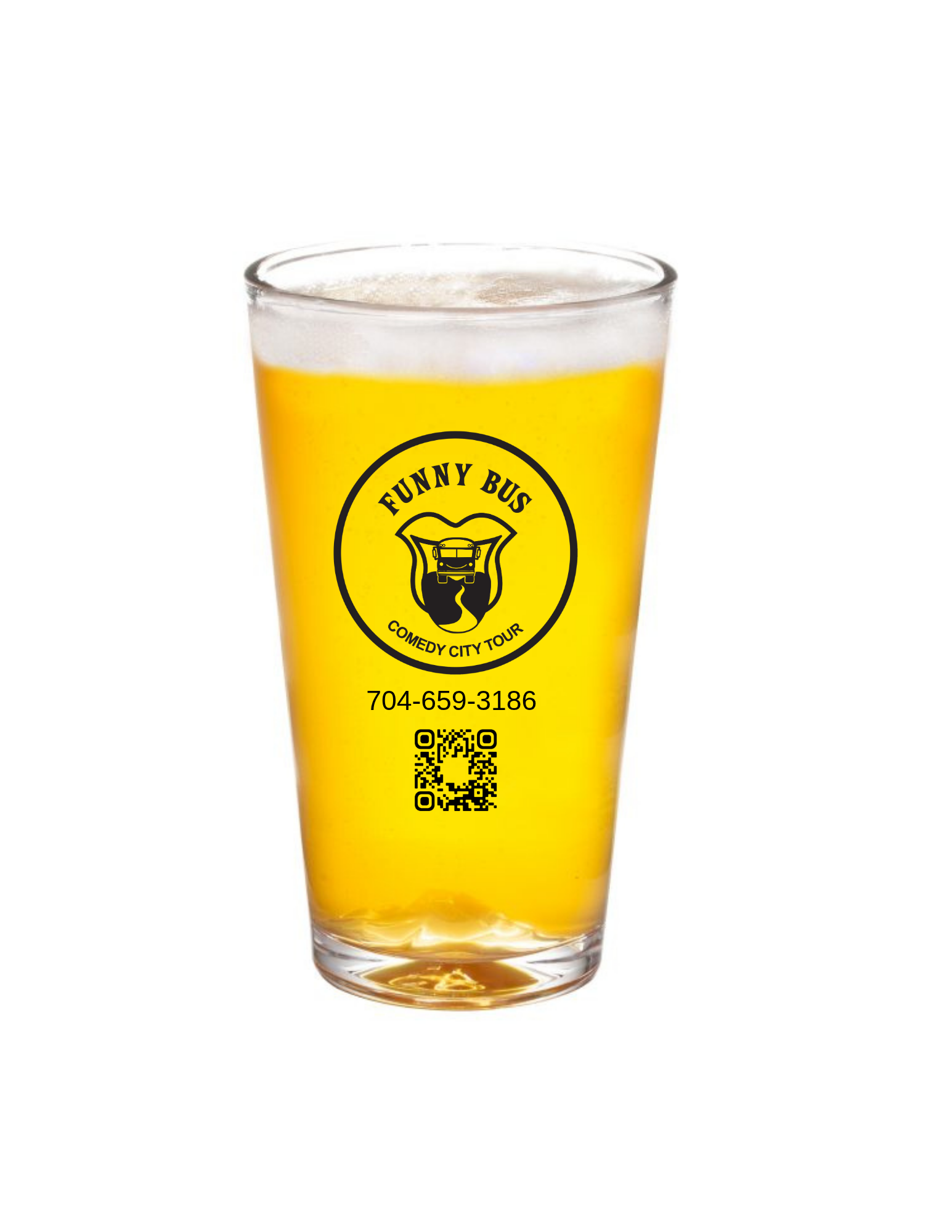 A clear glass with a drink labeled for a comedy city tour featuring a yellow background, a bus logo, contact number, and a QR code.