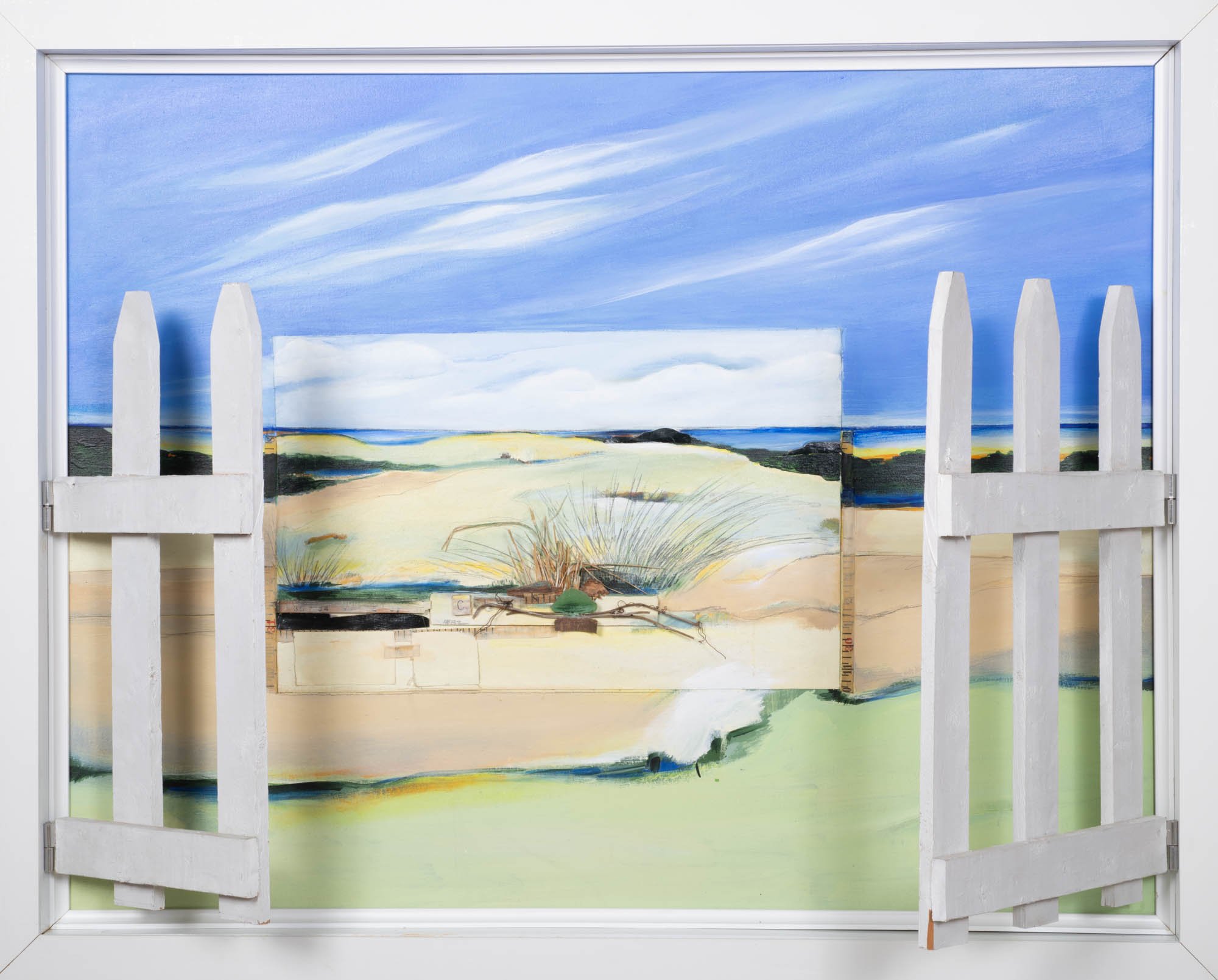 American Dream, Assemblage over Acrylic painting on canvas  43 x 52 inches