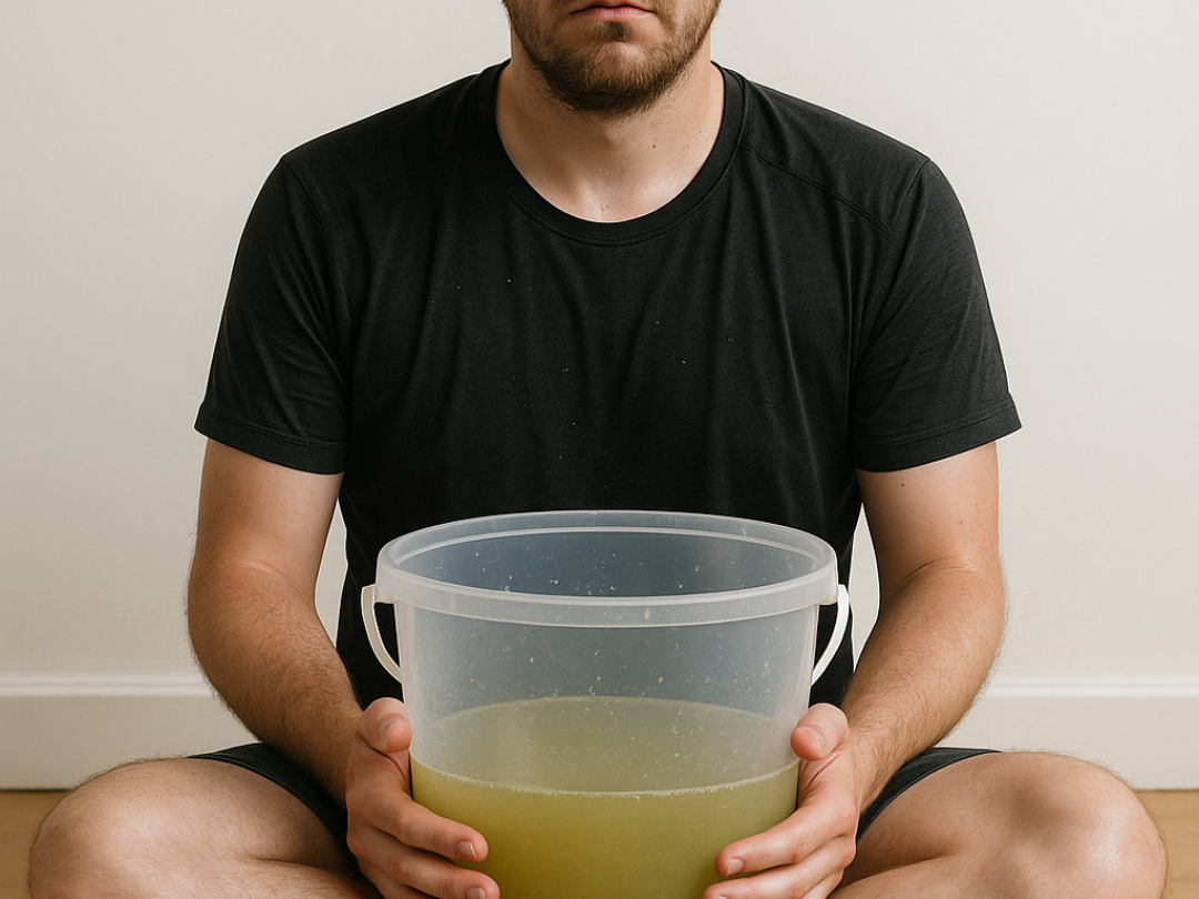 A man sitting cross-legged on the floor holding a large clear plastic bucket filled with a yellowish-green liquid. He is doing Kambo.
