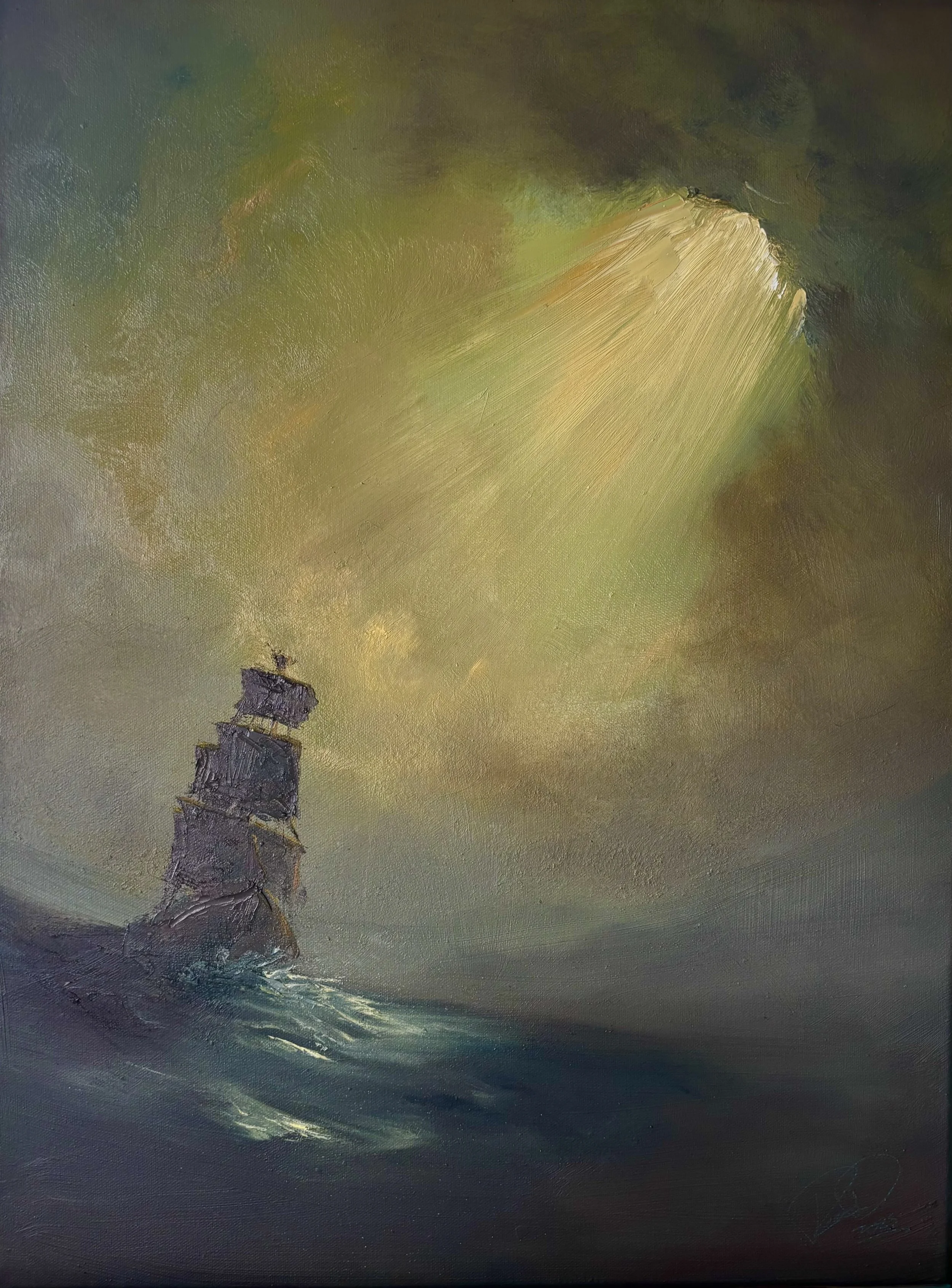 Abstract painting of a ship at sea with a greenish-yellow sky and dark waves at the bottom.