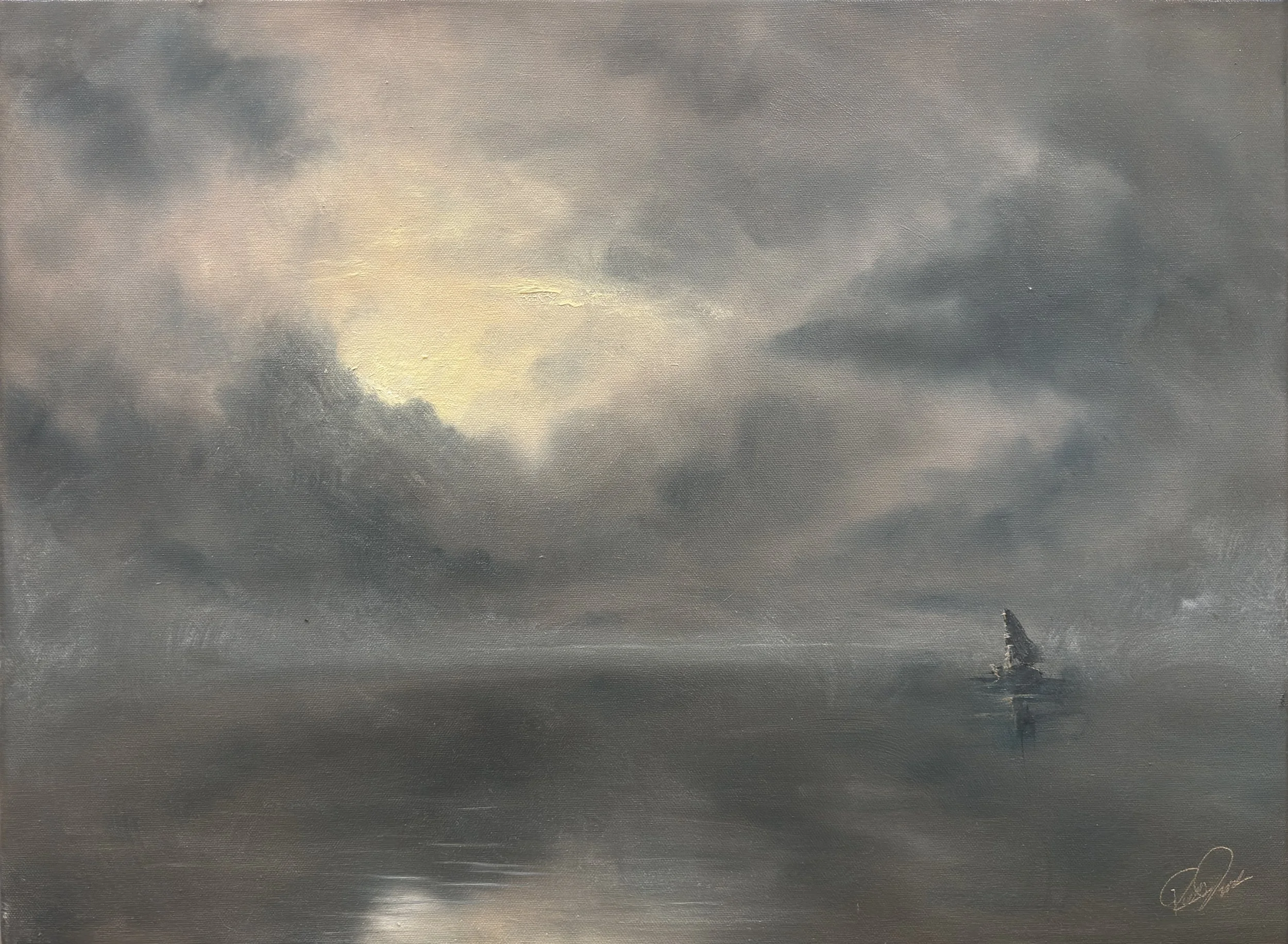 A painting depicting a dark, cloudy sky with a faint glow of sunlight behind the clouds, and a sailboat on calm water near the bottom right corner.