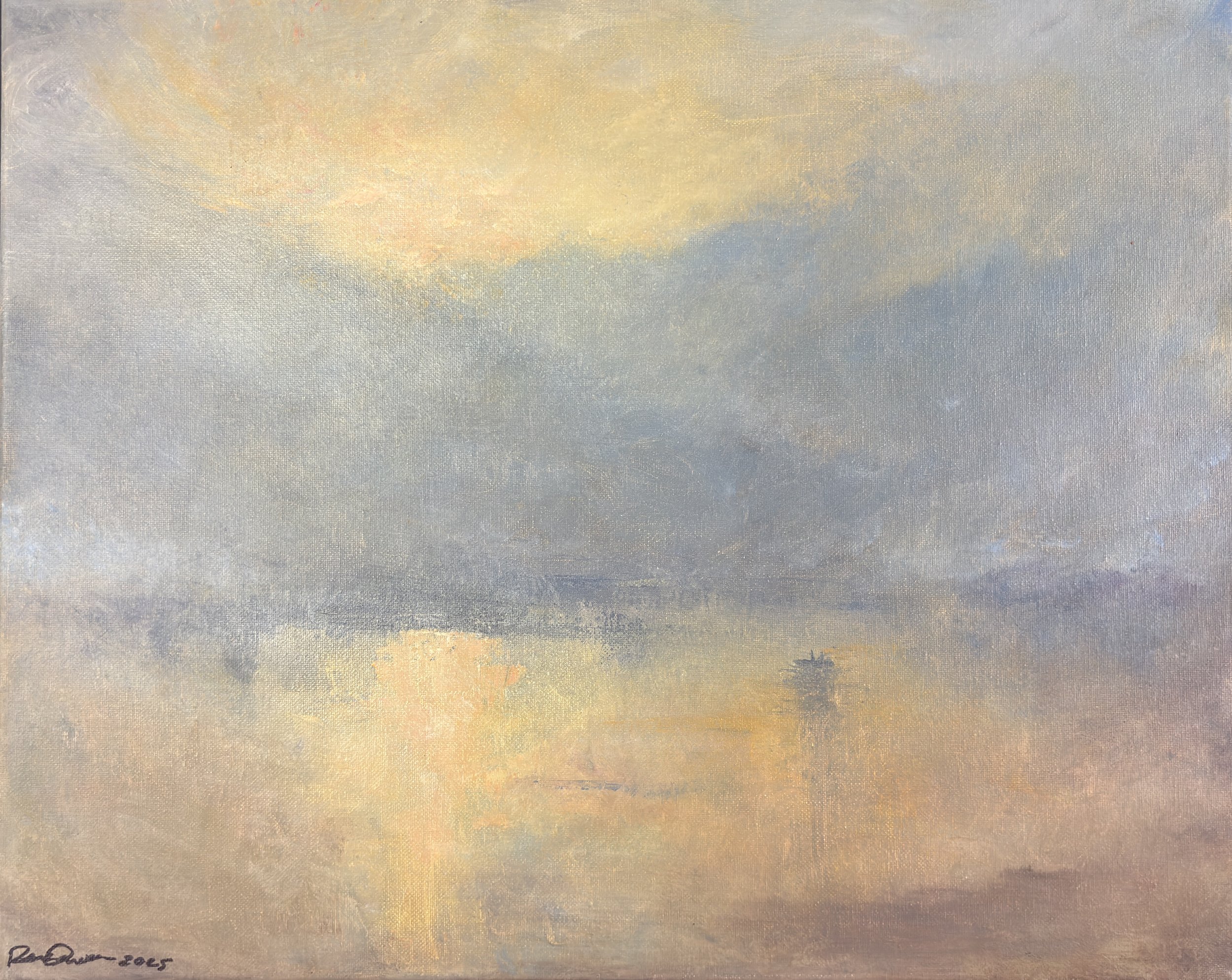 An abstract painting with soft, blended pastel colors including peach, yellow, blue, and gray, creating a serene sky-like appearance.