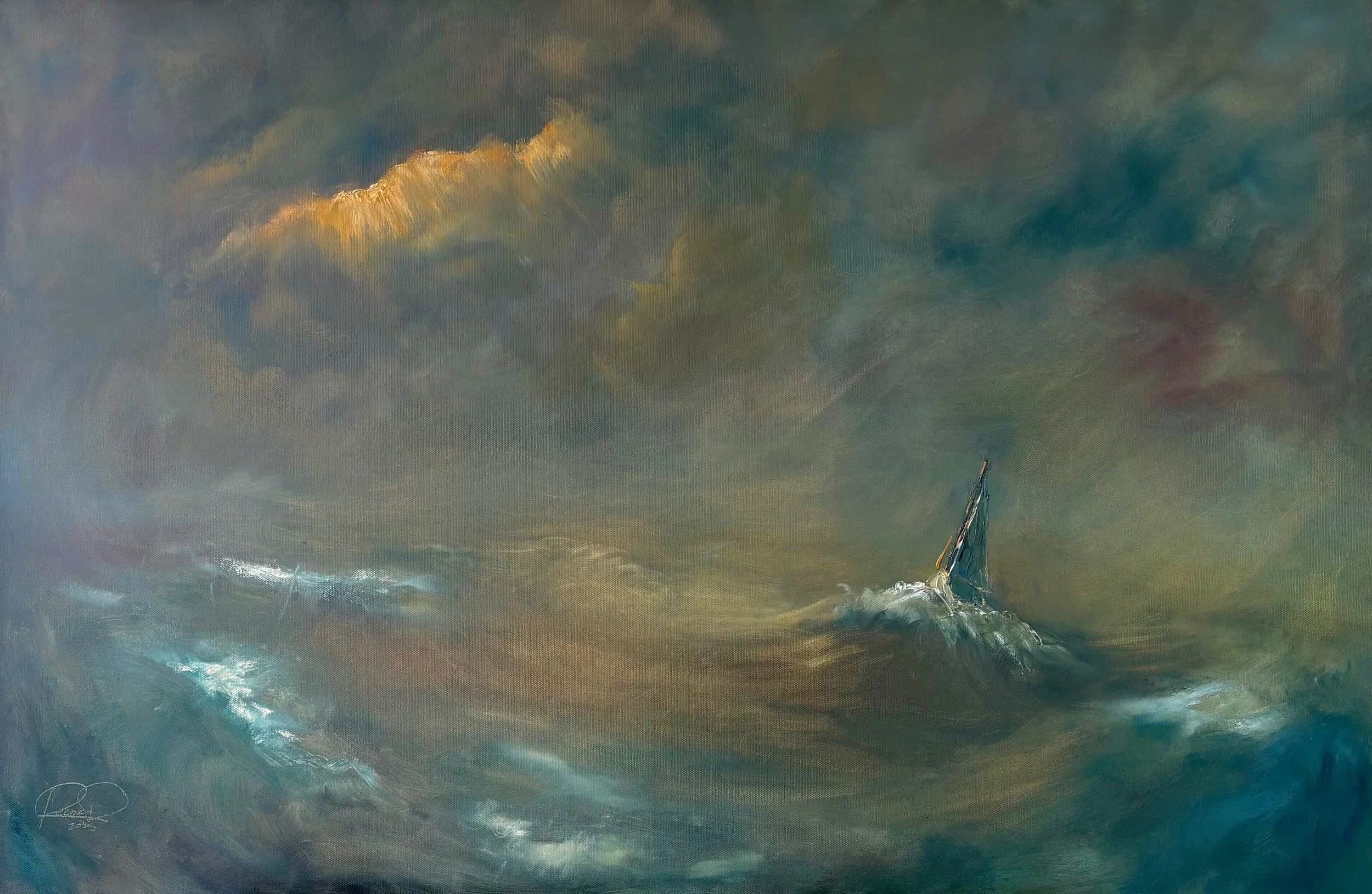 A sailboat navigating through turbulent waters under a cloud-filled sky with hints of sunlight breaking through.