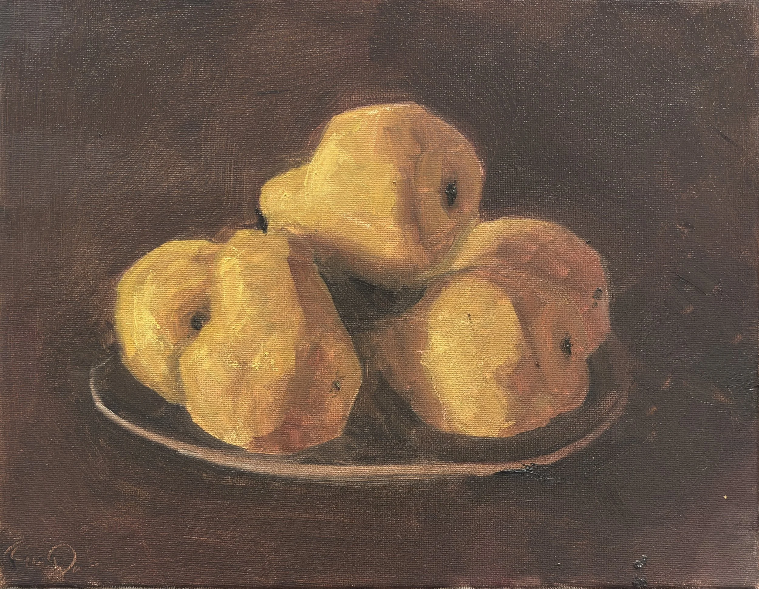 Close-up of a still life painting of a plate with yellow apples on a dark background.