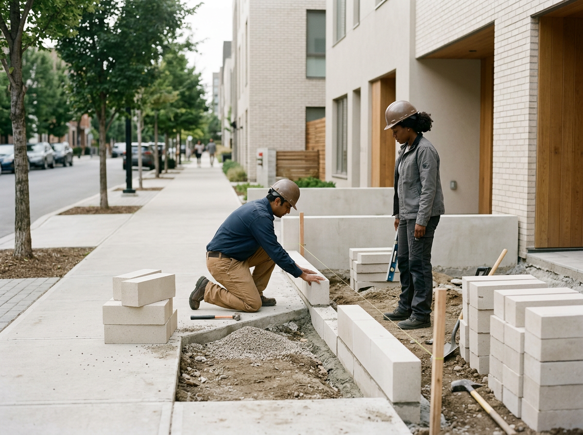 Two construction workers, a man and a woman, wearing safety helmets working on building a sidewalk or wall with concrete blocks in an urban residential area.