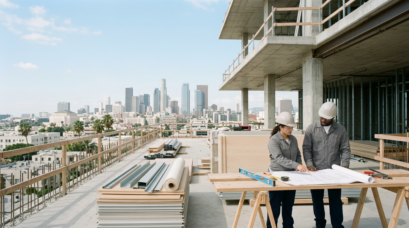 Two construction workers wearing helmets working on architectural plans on a rooftop with city skyline in the background.