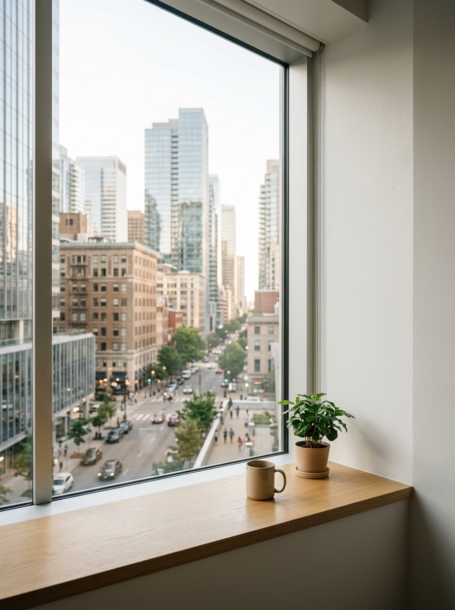 Interior view of a window with a city street outside. On the windowsill, there is a potted plant and a coffee mug.