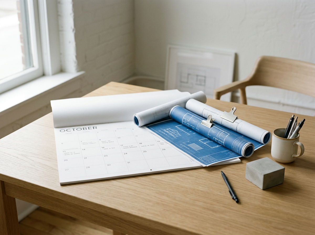 Wooden table with architectural blueprints, a calendar for October, a pen, a concrete block, a mug with pens, and a rolled-up blueprint, near a window and a wooden chair.