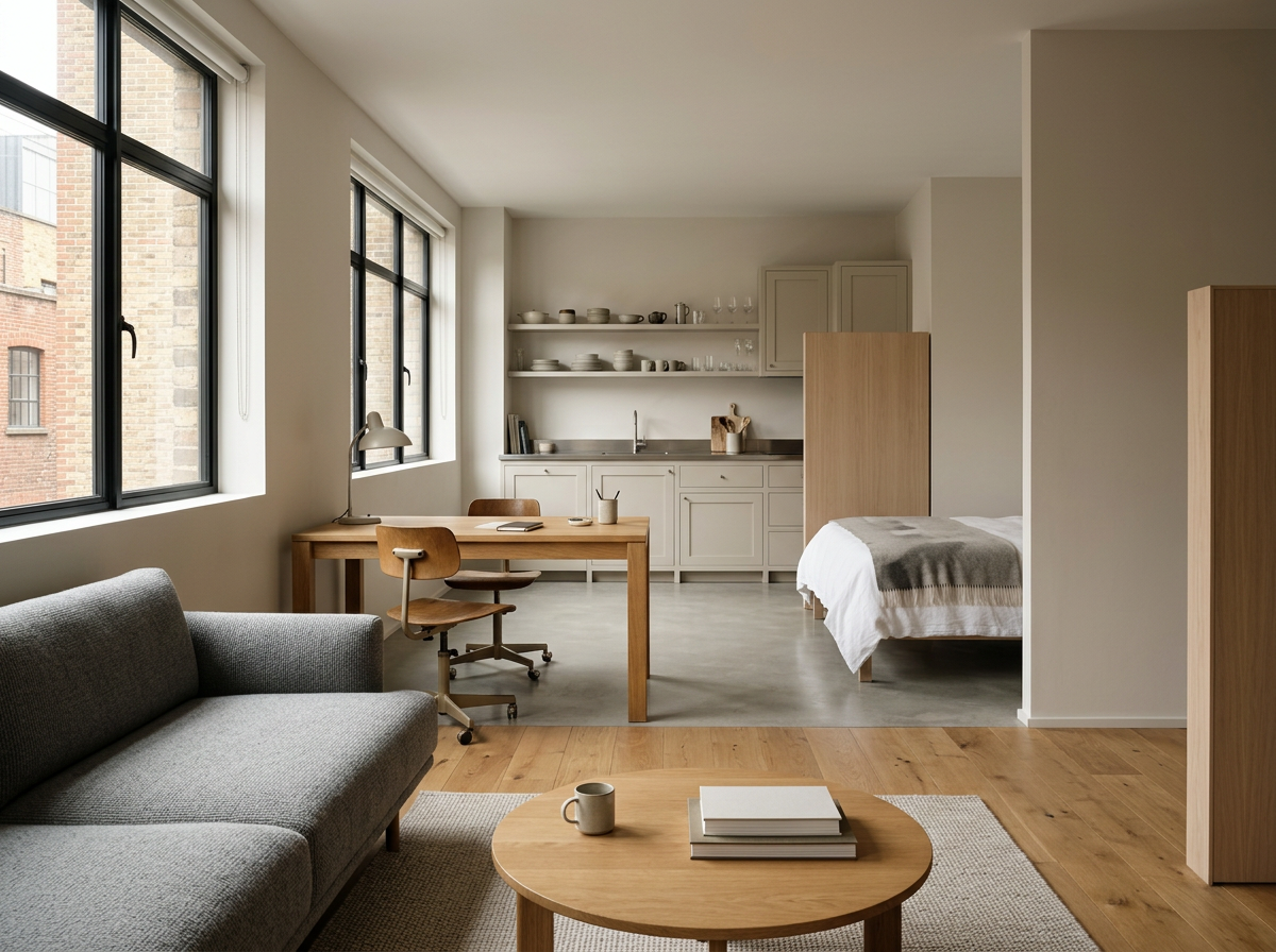 A modern studio apartment with large windows, a gray sofa, a round wooden coffee table with books and a mug, a wooden desk with a chair and a lamp, a small kitchen area with open shelves and a bed in the background.