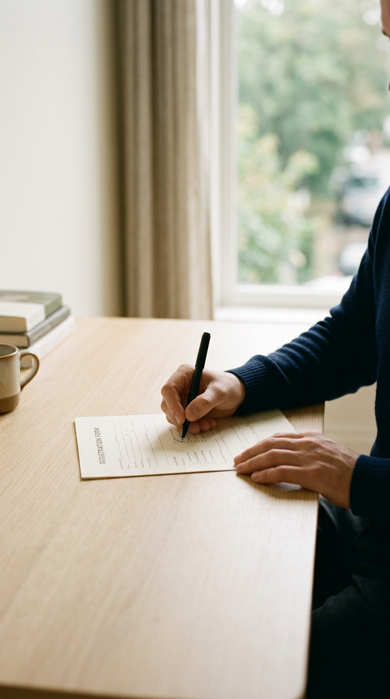 A person sitting at a wooden table writing on a form with a black pen, with a window and greenery outside in the background.