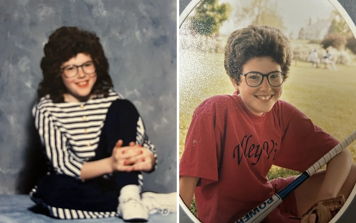 Young Carissa in two childhood photos — left, with a permed curly hairstyle and large glasses in a school portrait; right, in a red softball uniform holding a bat — before the hair routine that finally worked