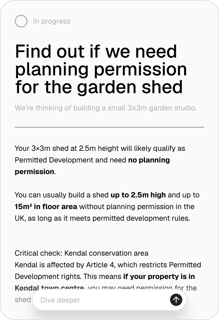 Guidance on planning permission for a garden shed, indicating that a 3x3m shed at 2.5m height is likely permitted without planning permission, but building up to 2.5m high and 15m² floor area may require permission depending on local rules, with a note about Kendal conservation area restrictions.