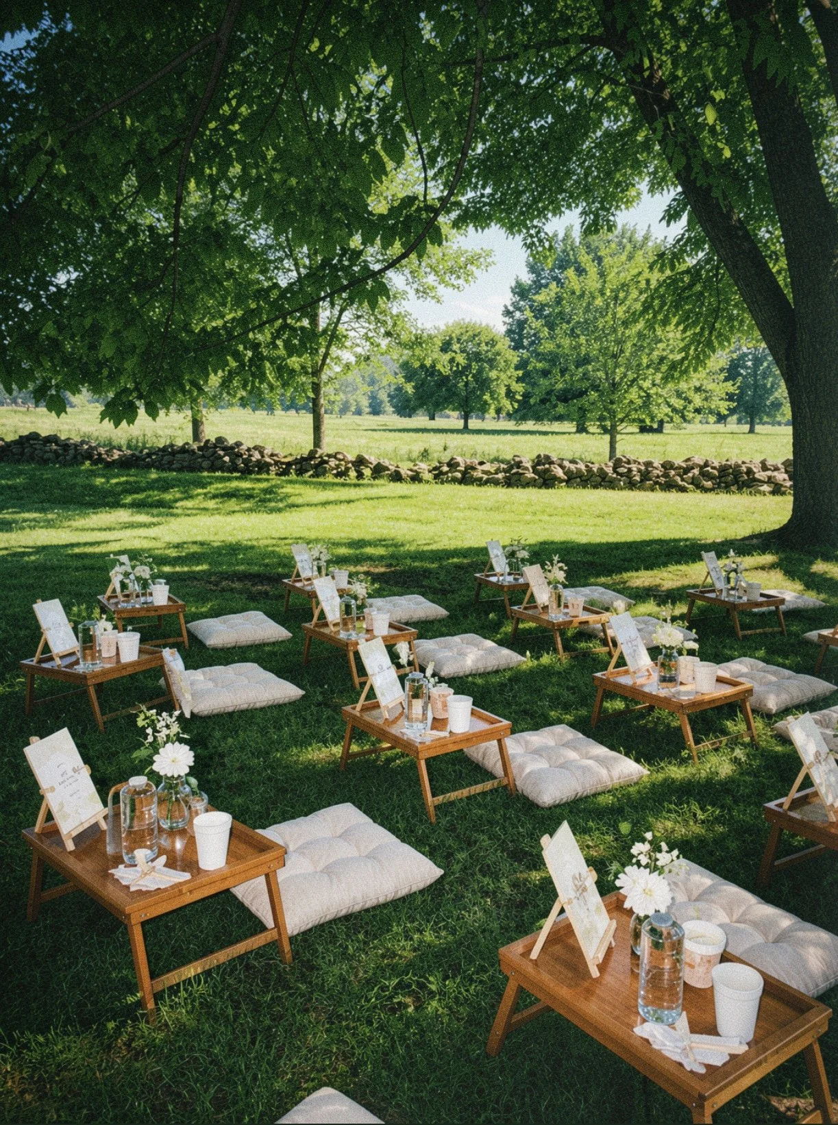 Community mindfulness Outdoor event setup with small wooden tables, white cushions, and flower arrangements under large leafy trees in a grassy park.